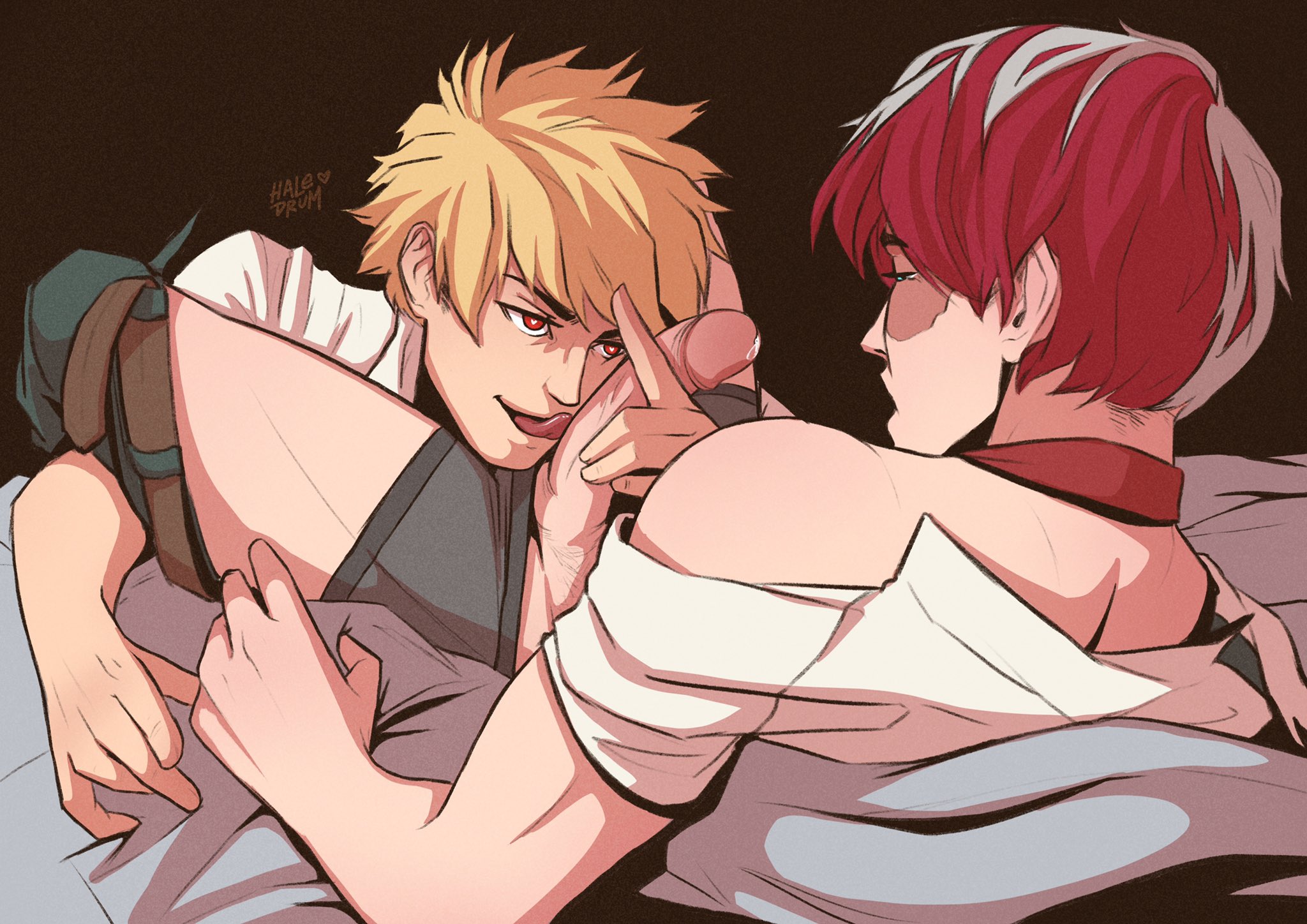 2boys, blonde hair, burn scar, gay, haledrum, hand on penis, katsuki bakugou, licking, licking penis, male, male/male, multiple boys, multiple males, my hero academia, pants down, penis, penis in face, penis out, scar, scar across eye, shouto todoroki, tongue, tongue out, two-tone hair, underwear, yaoi