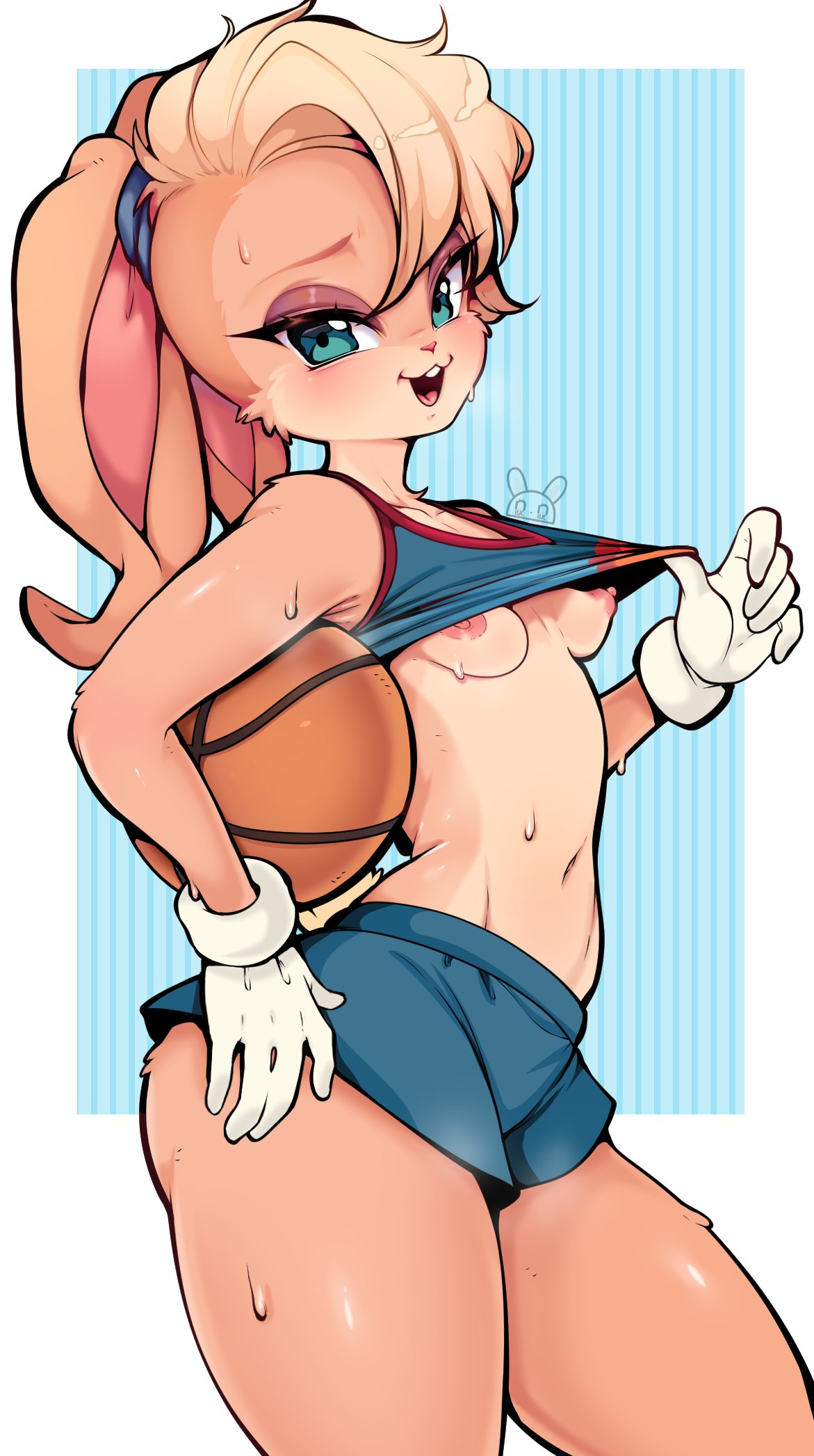 animal humanoid, blonde fur, blonde hair, blush, breasts, bunny ears, female, lola bunny, looking at viewer, looney tunes, no bra, pulling up shirt, small breasts, space jam: a new legacy, sweat, sweatdrop, warner brothers, wide hips, wide thighs