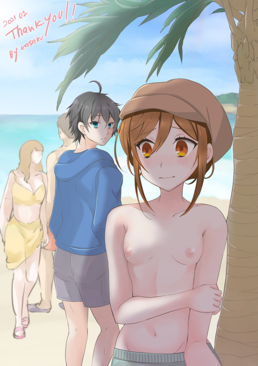 2021 2boys 2girls absurdres beach black_hair blue_eyes blue_sky breasts brown_hair cloverworks day flip-flops gfantasy highres hori-san_to_miyamura-kun hori_kyouko horimiya kasako long_hair looking_back male_swimwear male_swimwear_challenge mens_swimsuit_challenge miyamura_izumi multiple_boys multiple_girls nipples ocean orange_eyes outdoors palm_tree sand sandals short_hair sky small_breasts swimwear tagme topless tree water