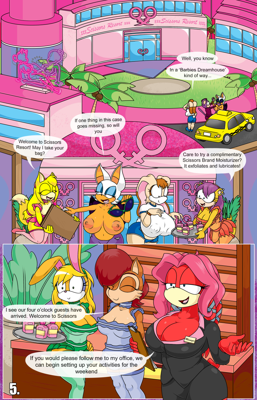 absurd anthro archie_comics breasts bunnie_rabbot clothed clothing comic commercial english female fit genitals group hi_res lien-da maid mina_mongoose neon public pussy resort rouge_the_bat sally_acorn sign slightly_chubby sonic_(series) sonic_boom sonic_the_hedgehog_(archie) sonic_the_hedgehog_(comics) sonic_the_hedgehog_(series) taxicab text tight tinydevilhorns topless transportation uniform vanilla_the_rabbit vehicle vehicle_for_hire zooey_the_fox