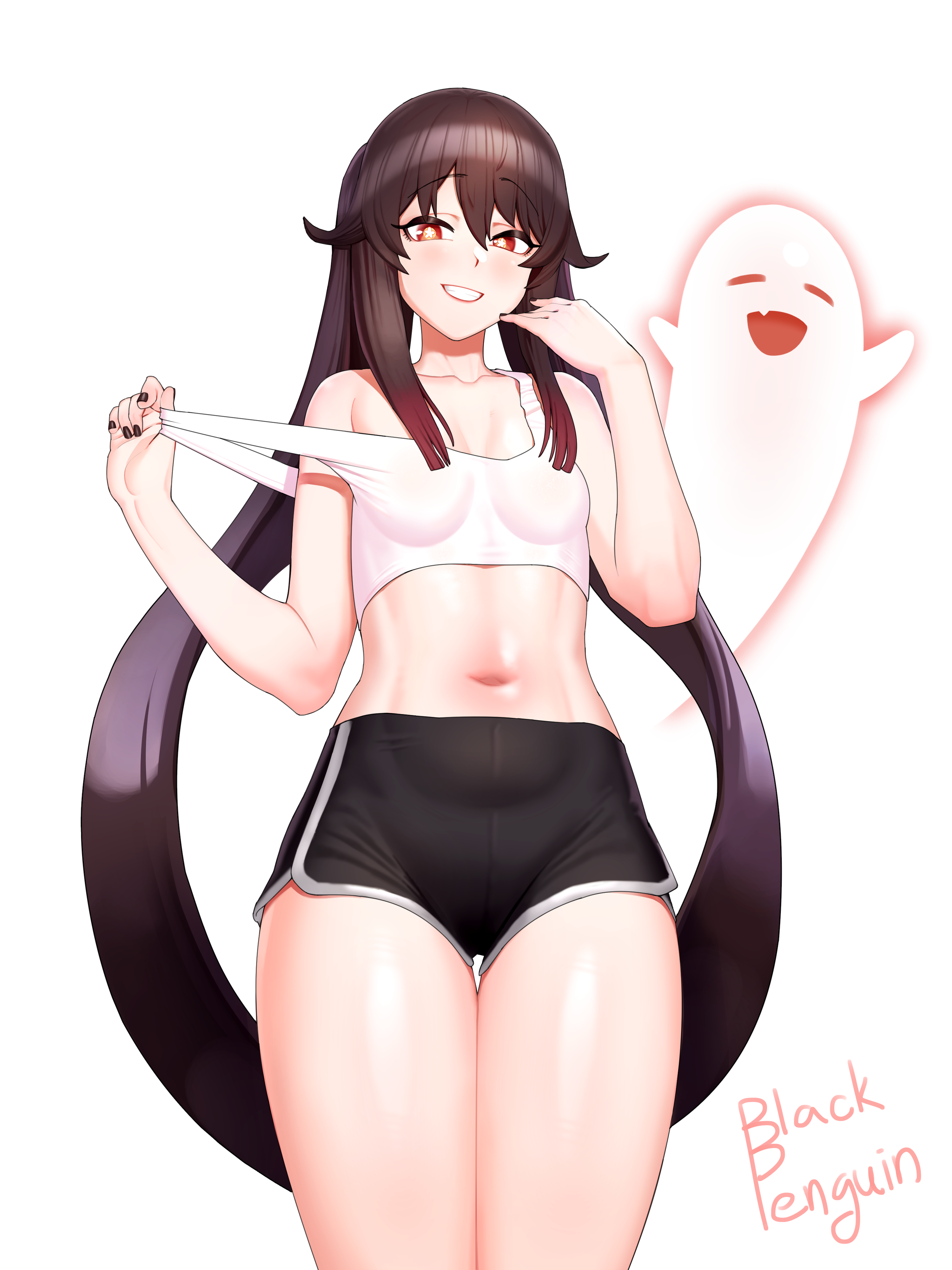 bare shoulder, blackpenguin, blush, boo tao (genshin impact), breasts, brown hair, casual, female, fringe, genshin impact, ghost, hi res, hu tao (genshin impact), light skin, light-skinned female, long hair, looking at viewer, midriff, midriff baring shirt, navel, pale skin, pale-skinned female, red eyes, short shorts, shorts, small breasts, stomach, tank top, thigh gap, thighs, twintails