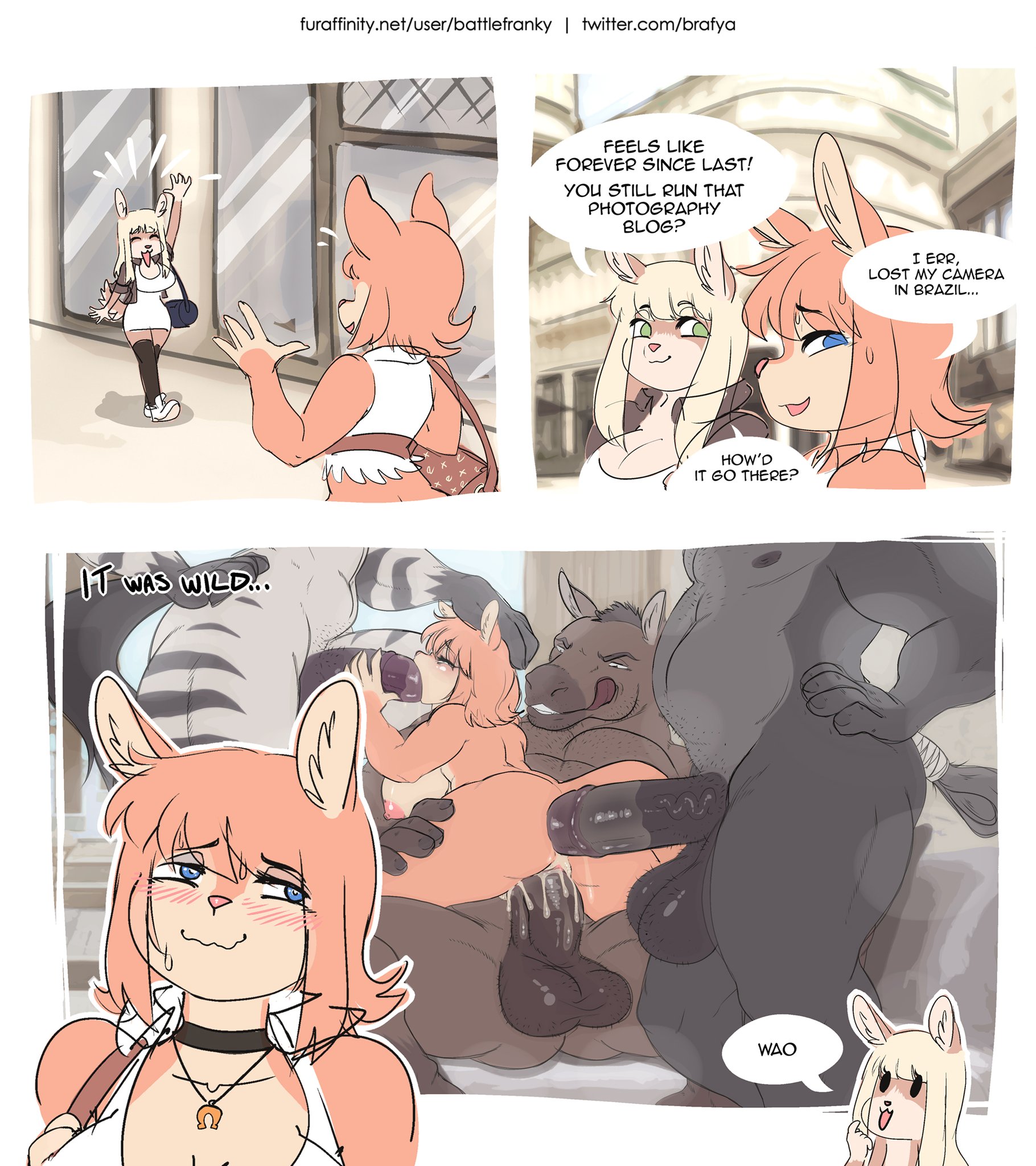 anal, anal penetration, anal sex, anthro, anthro on anthro, anus, ass, battle franky, big penis, blonde hair, blowjob, blue eyes, blush, breasts, brown fur, closed eyes, clothed, clothing, comic, cum, cum in ass, cum in pussy, cum inside, dialogue, fellatio, female, female penetrated, ferra (battle franky), foursome, fox, fur, furry, genital fluids, genitals, green eyes, group, group sex, hair, horsecock, interspecies, male, male penetrating, male penetrating female, male/female, muscular, muscular anthro, muscular male, nipples, open mouth, open smile, orange fur, orange hair, penetration, penis, pleasure face, pussy, saliva, sex, smile, speech bubble, straight, sweat, tongue, tongue out, vaginal, vaginal penetration, white fur, zebra