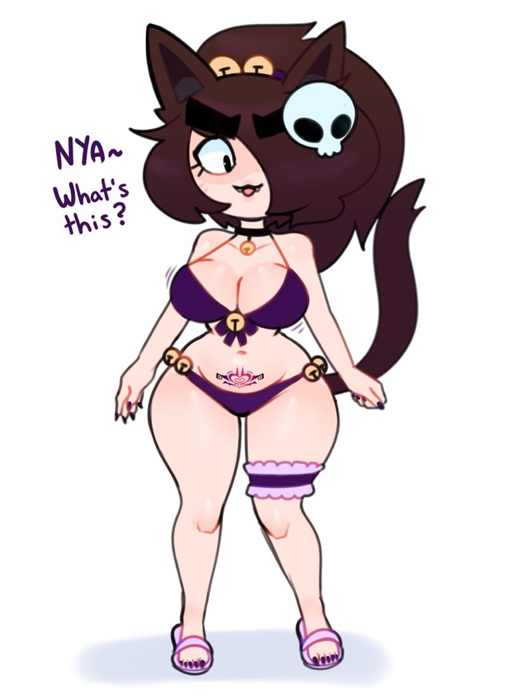 :3, 1girls, bell, bell collar, bikini, bikini bottom, bikini top, black nails, breasts, brown hair, cat ears, cat girl, cat tail, catgirl, claws, cleavage, clothing, curvy, dialogue, english text, eyelashes, fangs, female, female only, femscrub (somescrub), flip flops, full body, green eyes, hair, hair ornament, hair over one eye, large breasts, light skin, light-skinned female, looking down, mature, mature female, midriff, milf, motion lines, nail polish, navel, open mouth, open smile, original, original character, ponytail, pubic tattoo, revealing clothes, sandals, side-tie bikini, skull, skull hair ornament, slightly chubby, smile, solo, solo female, somescrub, standing, swimwear, tattoo, text, thick thighs, thigh strap, thighs, tongue, tongue out