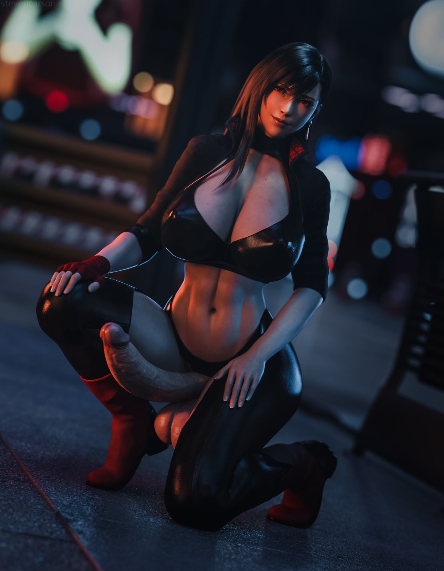 1futa, 3d, assless chaps, balls, breasts, cleavage, crotchless, curvy, erect nipples, erection, final fantasy, final fantasy vii, futa only, futanari, huge breasts, huge cock, hyper, hyper balls, hyper penis, intersex, kneeling, muscular, muscular futa, nipple bulge, nipples, penis, penis out, realistic, solo, solo futa, stevencarson, tank top, tifa lockhart