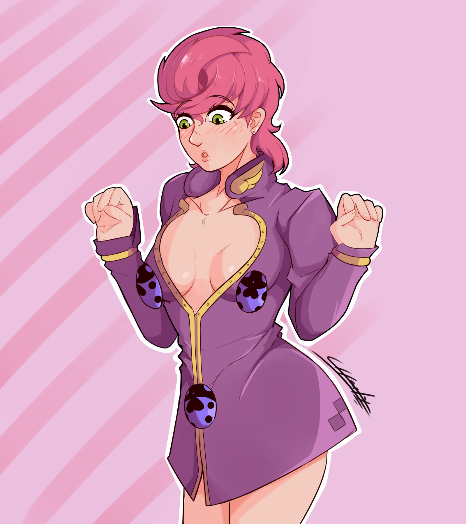 breasts, charlyarts10 (artist), cosplay, female, giorno giovanna (cosplay), jojo's bizarre adventure, pink hair, small breasts, trish una, vento aureo