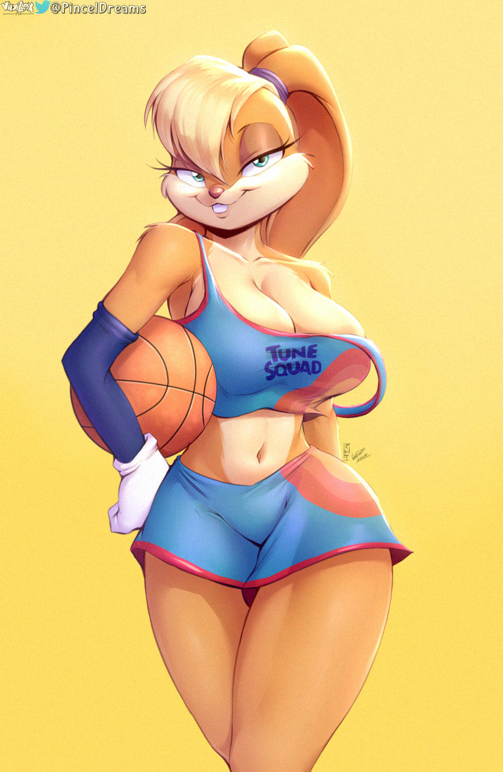 2021 anthro areola_slip ball basketball basketball_(ball) basketball_jersey basketball_shorts basketball_uniform big_breasts blue_gloves breasts elbow_gloves female fur gloves goated handwear hi_res jersey lagomorph leporid lola_bunny looking_at_viewer looney_tunes mammal navel rabbit shorts solo space_jam space_jam:_a_new_legacy sport sports_bra sports_uniform sportswear topwear viejillox warner_brothers white_gloves