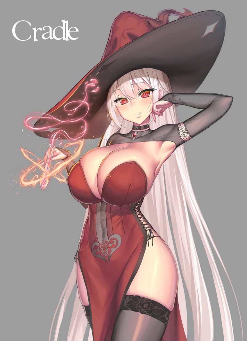 blush, breasts, bridal gauntlets, cleavage, dress, female, huge breasts, long hair, magic, original, red eyes, straight hair, strapless, suerte, thighhighs, white hair, wide hips, witch hat