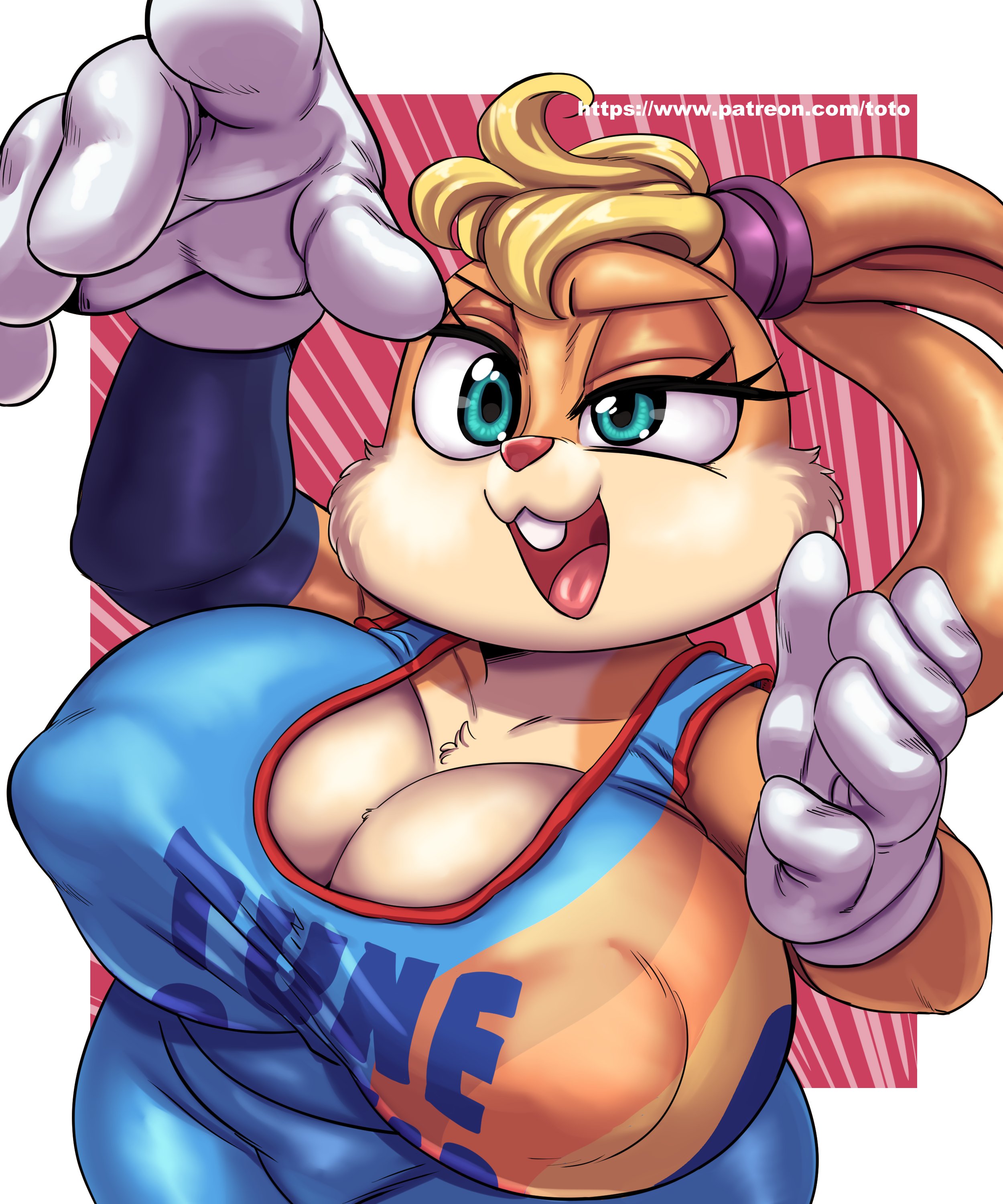 :3, anthro, big breasts, big nipples, bouncing breasts, breasts, bunny, cleavage, clothed, clothing, fabianoferreira, female, fur, furry, furry only, gloves, hi res, huge breasts, huge nipples, lola bunny, looney tunes, nipples visible through clothing, rabbit, solo, space jam, tongue, toto draw, warner brothers