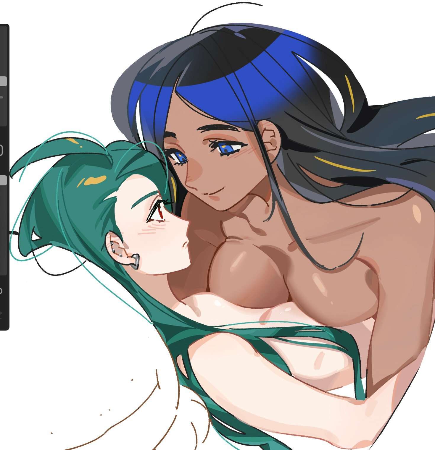 2girls, bed, big breasts, blue eyes, bluesky link, blushing, breasts, brown skinned female, busty, busty female, chili (pokemon sv), dark skin, dark-skinned female, earrings, elite four, female, female focus, female only, female/female, flat chest, flat chested, game freak, geeta (pokemon), girl on top, gray hair, green hair, light skin, light-skinned female, nanaasuzy, nintendo, nude, nudity, omodaka (pokemon), pokemon, pokemon champion, pokemon sv, red eyes, rika (pokemon), wholesome, yuri