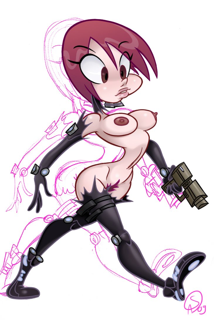 big_breasts bodysuit brown_eyes female female_only full_body functionally_nude gantz gantz_suit gantzcraziness gun kei_kishimoto latex_suit no_bra no_panties pink_hair pubic_hair rubber_suit short_hair solo thin_waist torn_clothes walking