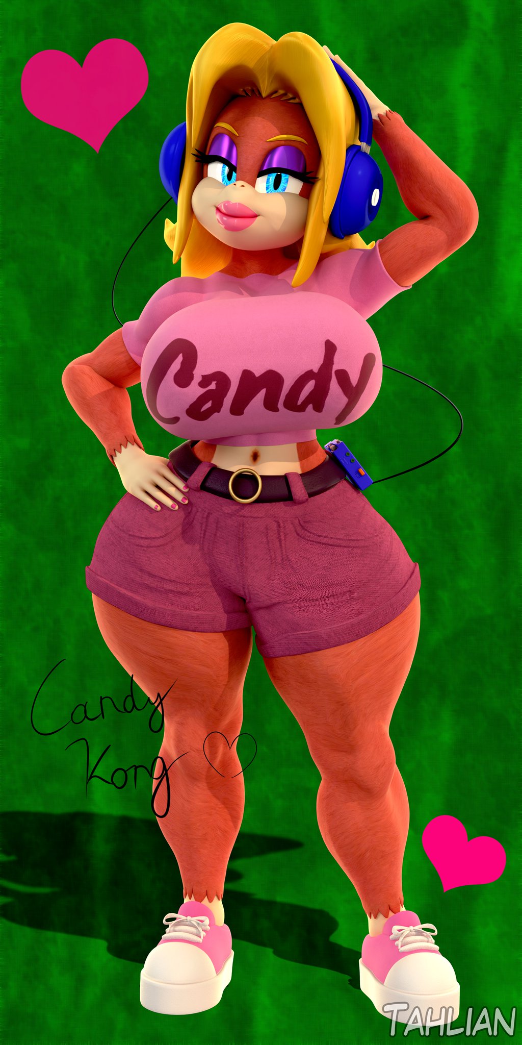 1girls, 2025, 3d, 3d (artwork), anthro, big breasts, blonde hair, blue eyes, booty shorts, breasts, candy kong, donkey kong (series), donkey kong 64, donkey kong bananza, eyeshadow, female, hand on hip, hands behind head, headphones, heart symbols, kabalmystic (style), male, nintendo, penis, pink lips, pink lipstick, primate, seductive, seductive pose, seductive smile, shoes, tahlian, thick thighs, walkman, wide hips