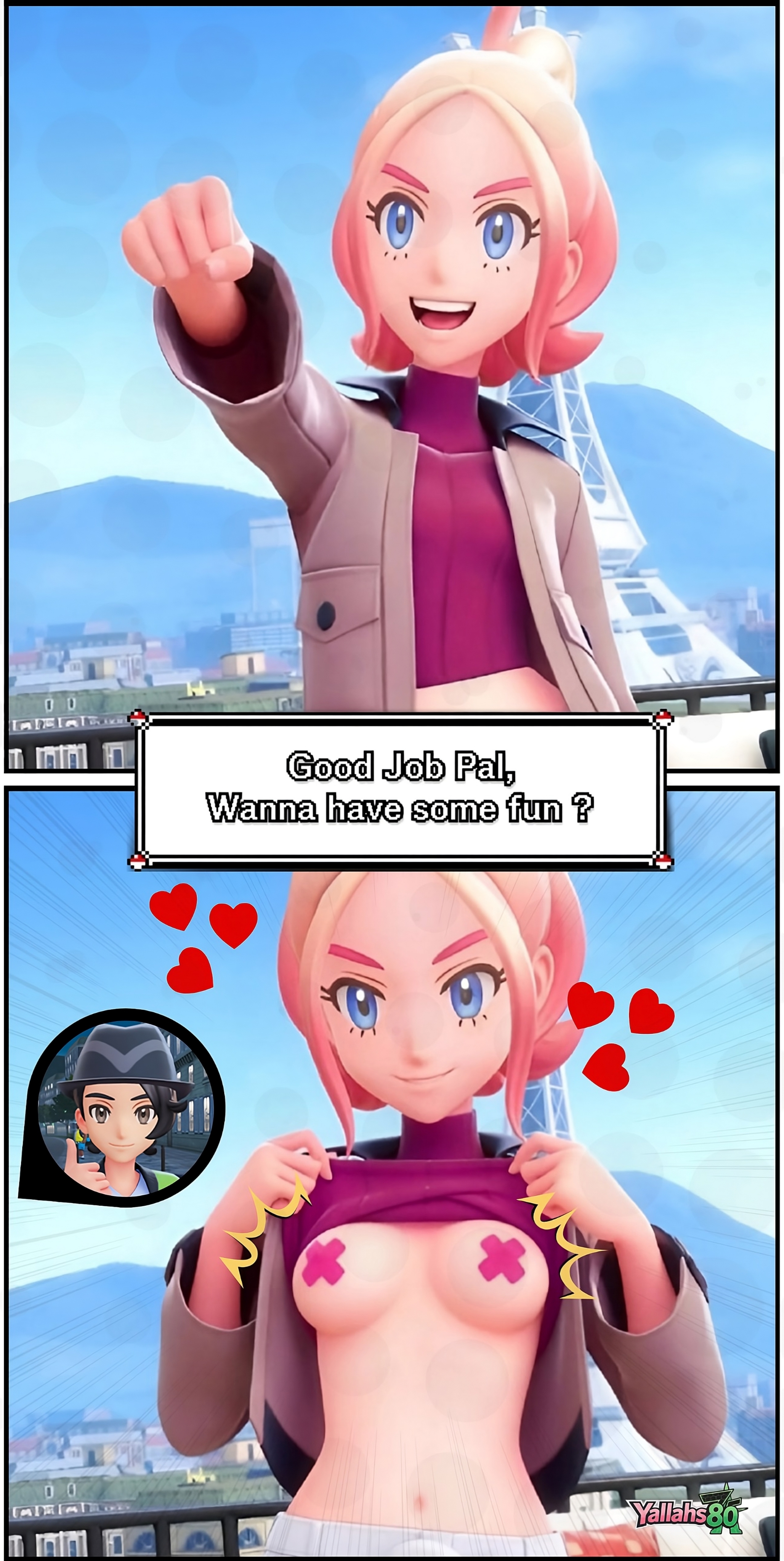3d, ai generated, belly button, blue eyes, boobs, boobs out, breasts, breasts out, bro fist, buildings, bun hair, day, daylight, daytime, female, female focus, female only, friends with benefits, game freak, girl, grok, grok imagine, hearts around head, in game, in game model, jacket, kyouya (pokemon), light brown hair, light skin, light-skinned female, long hair, mountain, mountain background, multicolored eyebrows, multicolored hair, navel, not porn, pasties, paxton (pokemon), pink hair, pink pasties, pokeball, pokemon, pokemon legends, pokemon legends z-a, pokemon legends: z-a, protagonist (pokemon), seductive, seductive body, seductive eyes, seductive look, sexy girl, showing boobs, showing breasts, showing tits, slim, taunie (pokemon), teeth, text box, tits, tits out, tower, townie (pokemon), turtleneck, username, video game character, video game franchise, video games, x pasties, yallahs80, young, young female, younger female
