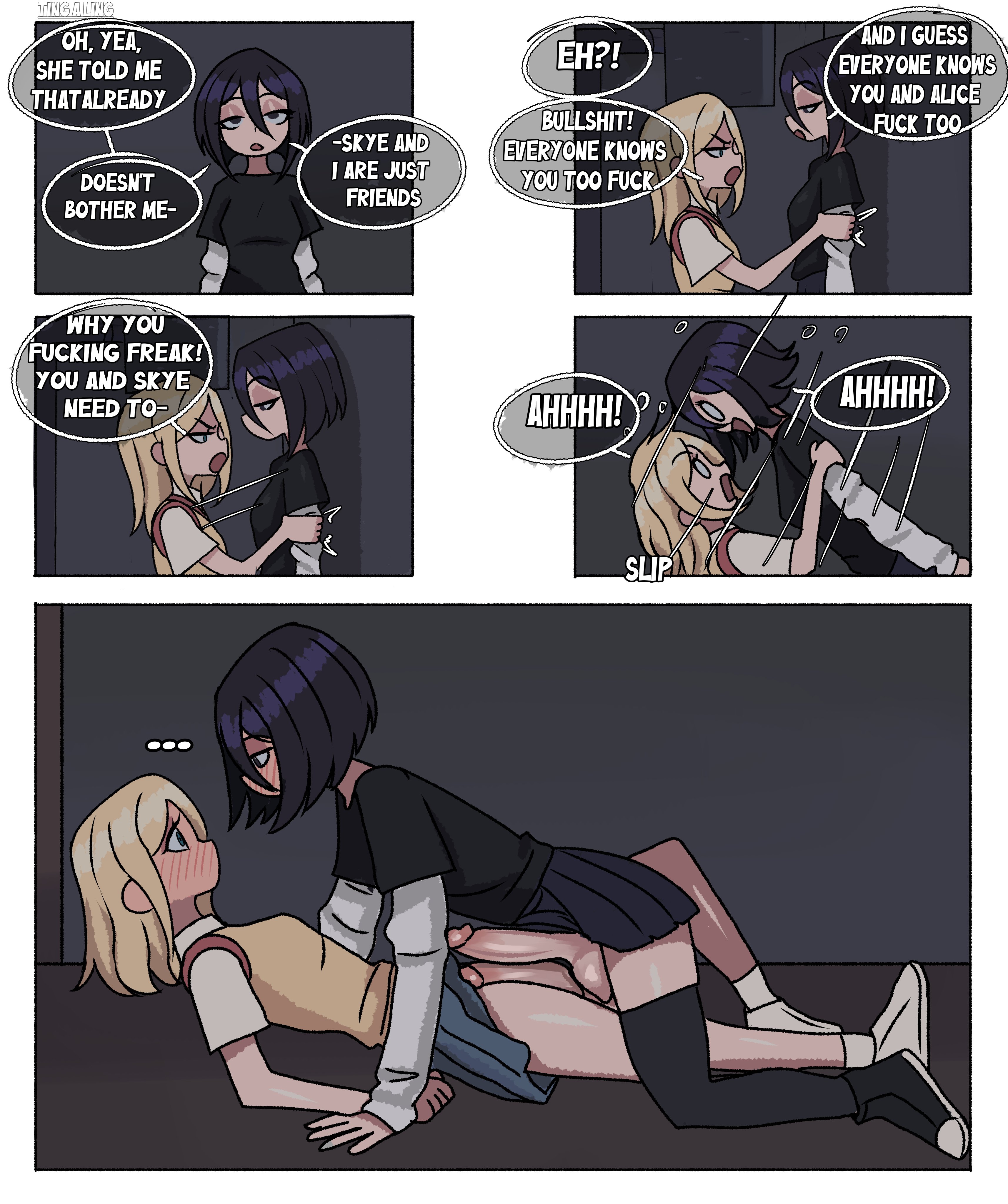 5koma, accidental circumstance, accidental sex, comic, frottage, futa on futa, futanari, imminent sex, intersex, lindsay (tingalinguy), penis, penises touching, tagme, tingalinguy, violet (tingalinguy)