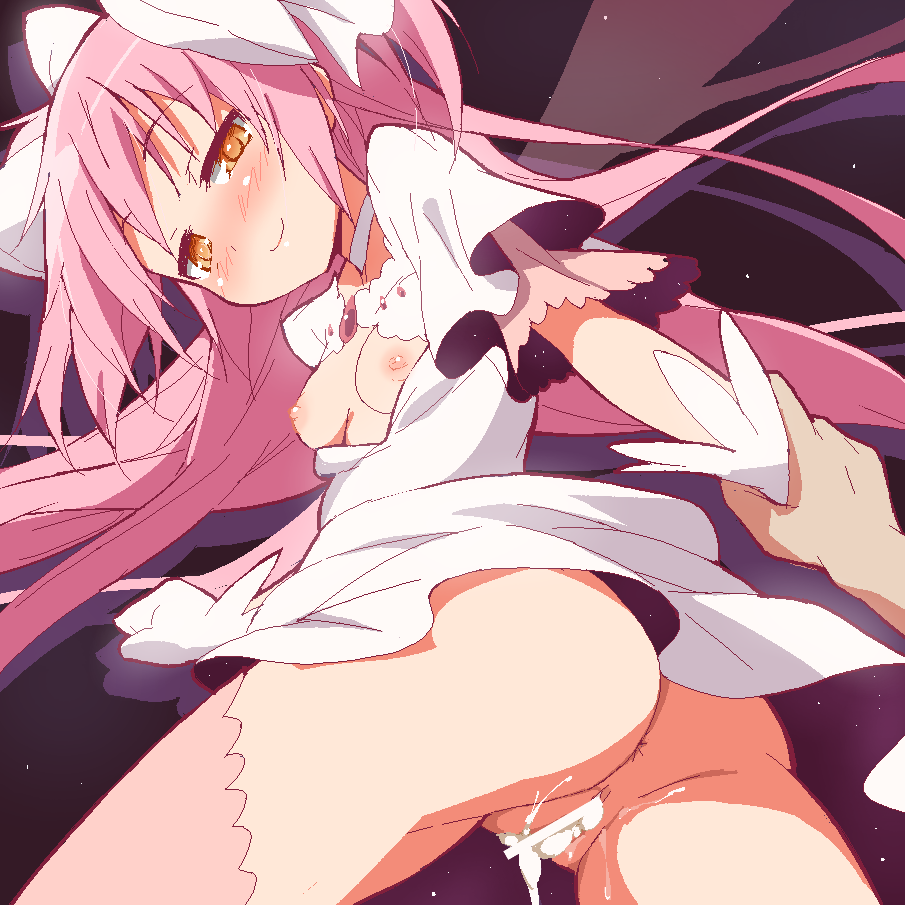 9law anus ass blush bow breasts brown_eyes censored cum cum_in_pussy cum_inside female gloves hairbow human long_hair looking_back madoka_kaname mahou_shoujo_madoka_magica nipples no_panties oekaki pink_hair pussy space_clothes thighhighs ultimate_madoka wrist_grab