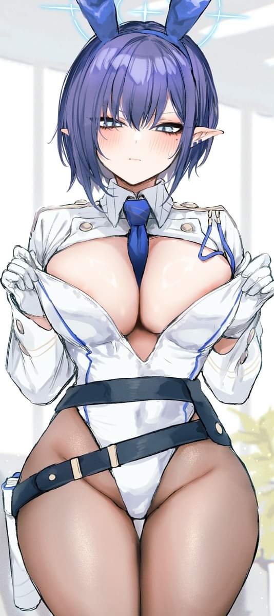 1girls, aoi (blue archive), artist request, big breasts, blue archive, blush, breasts, bunny ears, bunnysuit, ear piercing, elf ears, female, female only, general student council (blue archive), halo, pointy ears, short hair, stockings, uniform