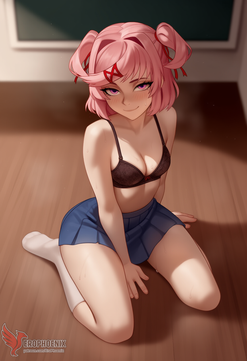 1girls, 2d, ai generated, ass, bangs, barefeet, big ass, breasts, doki doki literature club, erophoenix, feet, female, female focus, full body, looking at viewer, looking back, natsuki (doki doki literature club), nude, pale skin, pale skinned female, panties, patreon username, pink eyes, pink hair, small breasts, smile, soles, solo, solo female, sweat, thick, thick thighs, toes, uncensored, underwear