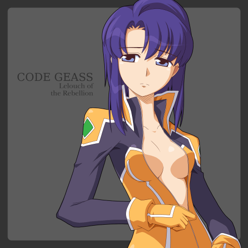 blue_eyes blue_hair cecile_croomy code_geass dressing flightsuit lowres open_clothes open_shirt pilot_suit purple_hair shirt short_hair solo title_drop unzipping yuichirou