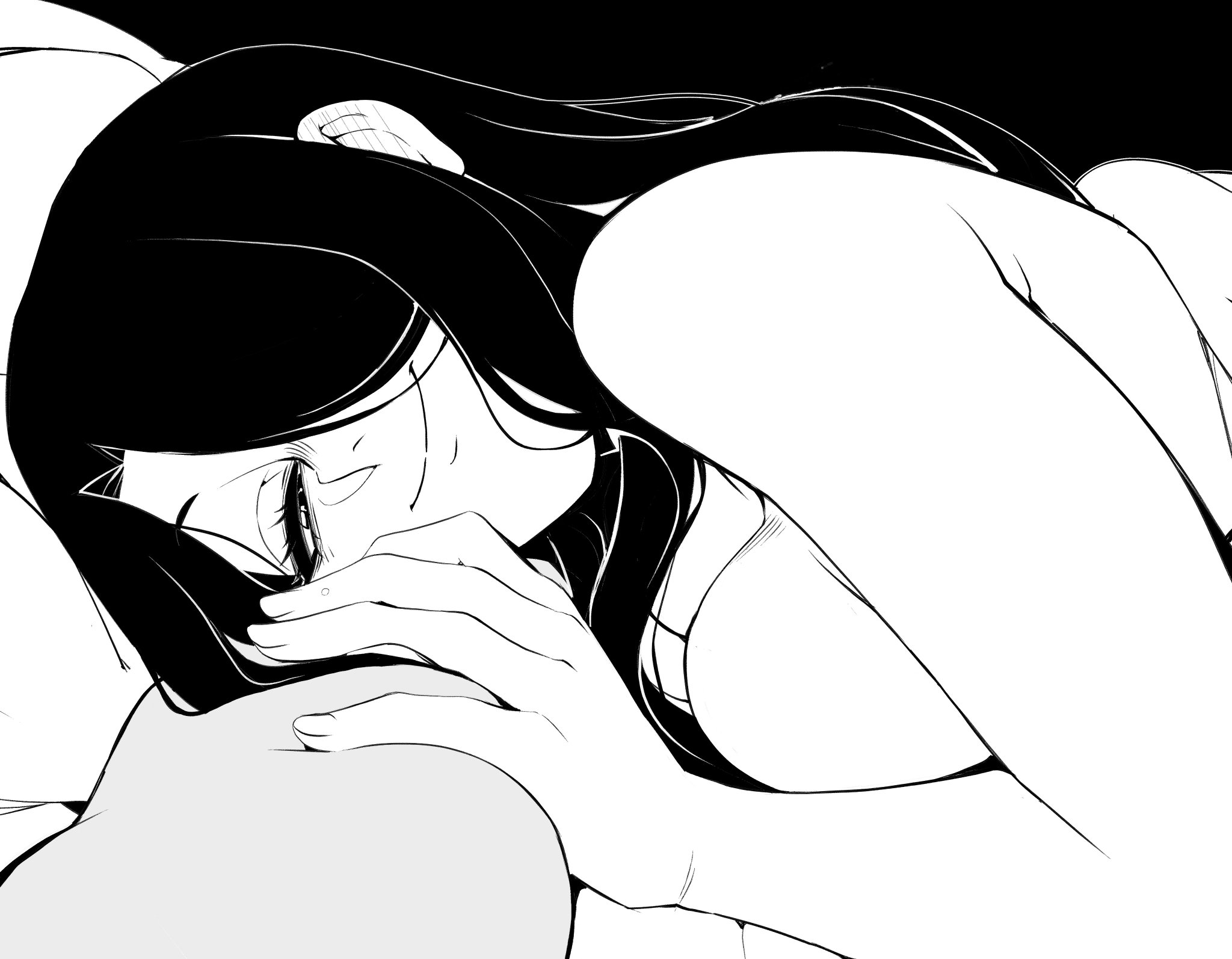 1girls, big breasts, black and white, breasts, curvaceous, curvy, curvy figure, dark hair, digital media (artwork), female, hair over one eye, huge breasts, kize art, large breasts, long hair, mature, mature female, nila (telepurte), voluptuous