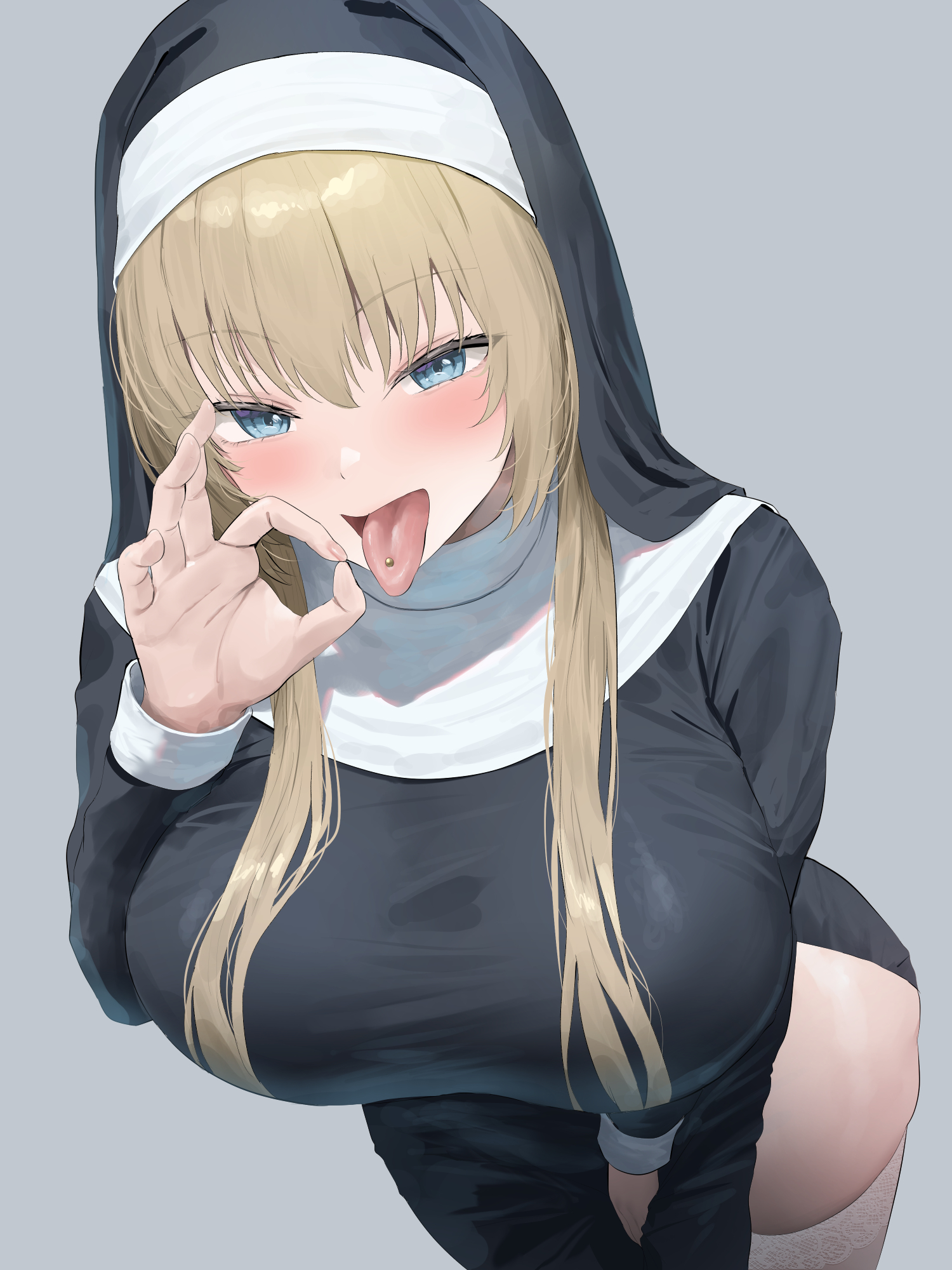 1girls, blonde hair, blue eyes, breasts, commentary, fellatio gesture, female, grey background, guimpe, highres, large breasts, long hair, looking at viewer, nun, oekakizuki, original, piercing, simple background, solo, thighhighs, tongue piercing, traditional nun, white thighhighs, wimple