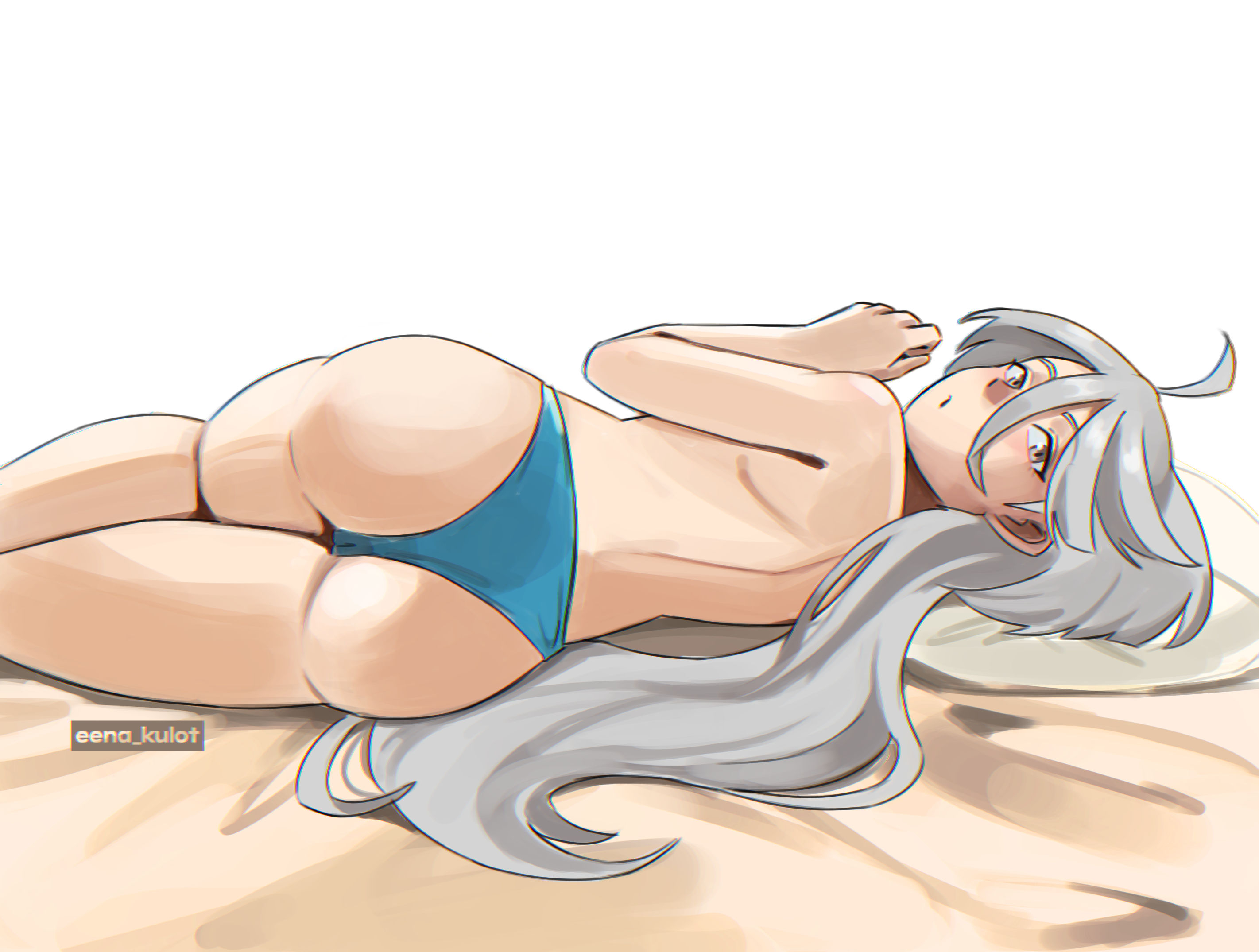 artist name, ass, blue panties, commentary, eenakulot, english commentary, female, from behind, grey eyes, grey hair, gundam, gundam suisei no majo, highres, long hair, looking back, lying, miorine rembran, on side, panties, parted lips, simple background, solo, topless female, underwear, white background