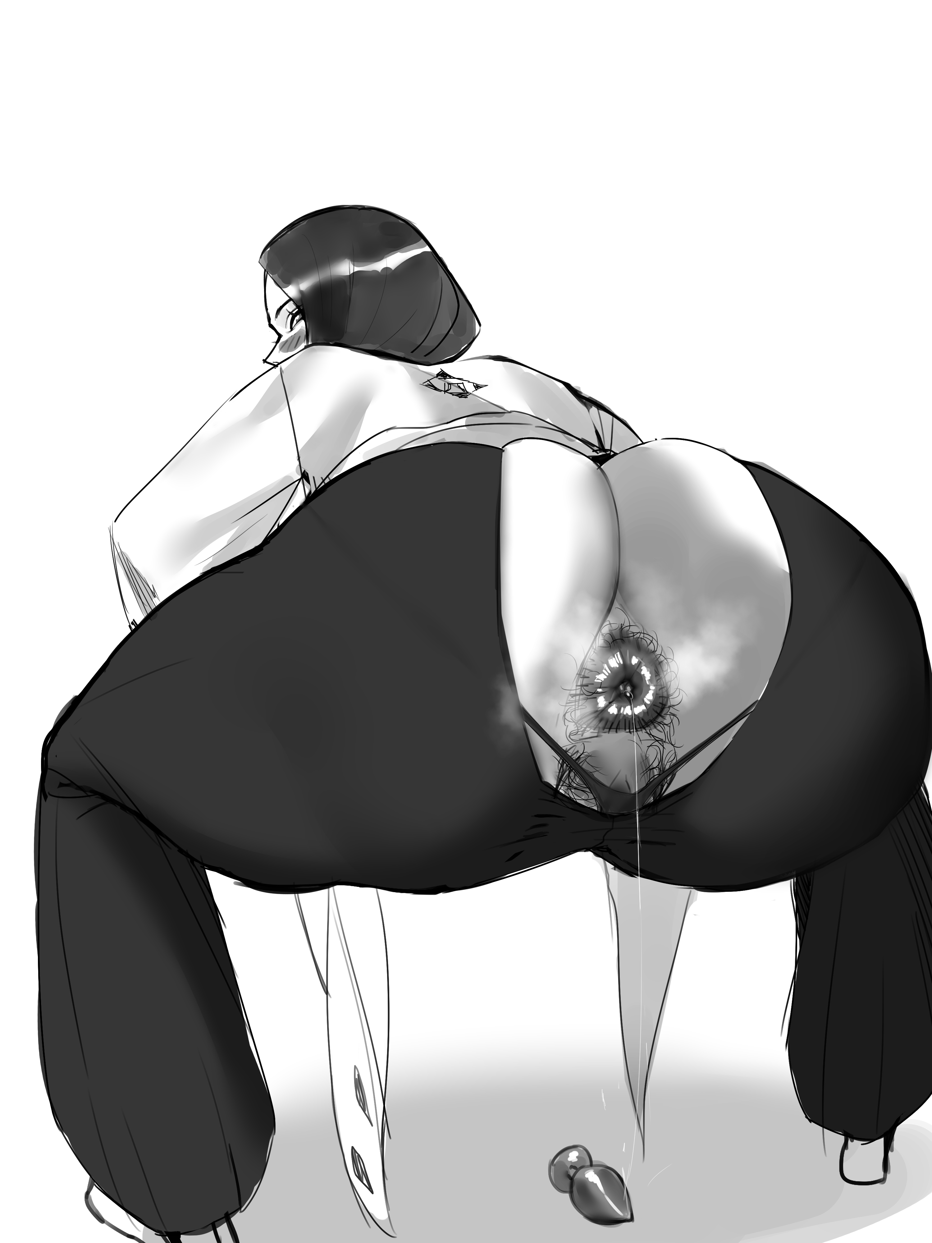 1girls, absurdres, anal, anal access, anal juice drip, anal only, anal only panties, anal only pants, anus, anus hair, ass, backless panties, black hair, bleach, blush, buttplug, female, female focus, female only, female pubic hair, haori, highres, huge ass, japanese clothes, mature female, monochrome, nakge, nakge06, panties, pubic hair, sex toy, shihakusho, shinigami, shiny anus, squatting, steam, tabi, taichou haori, thong, torn clothes, underwear, unohana retsu