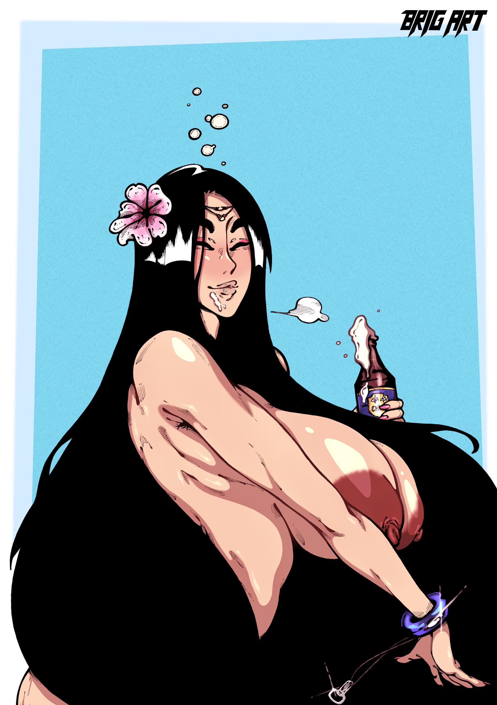 2d, areolae, armpit hair, asian, asian female, beer, beer bottle, big breasts, black hair, bottle, bracelet, breasts, brig art, drunk, female, female focus, female only, flowers in hair, hair ornament, hairy female, huge breasts, large breasts, long hair, makeup, nail polish, nipples, nude, nude female, nudity, original, tagme, tao long, thick eyebrows