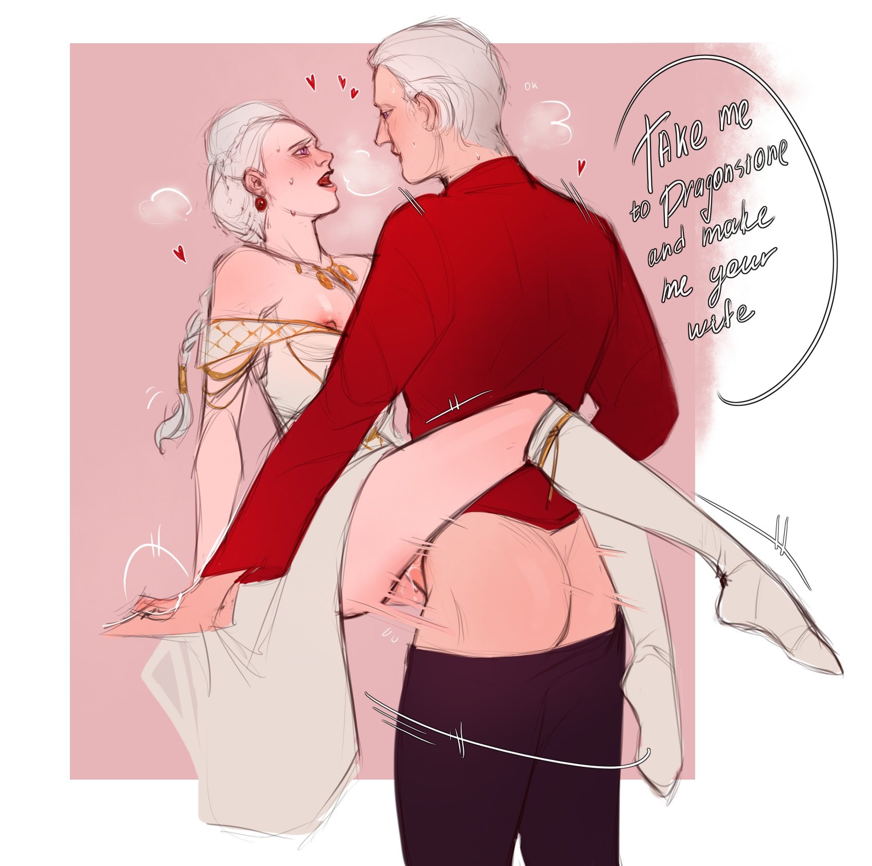 2020s, 2024, a song of ice and fire, ass, aunt and nephew, breasts, canon couple, daemon targaryen, dress, earrings, english text, exposed breasts, female, game of thrones, hair ornament, heart, hearts around head, house of the dragon, incest, knee socks, light skin, married couple, motion blur, motion lines, msezrwiz, necklace, pants, ponytail, purple eyes, pussy, rhaenyra targaryen, sex, shirt, simple background, steam, steamy breath, sweat, sweatdrop, text, uncle and niece, vaginal penetration, valyrian