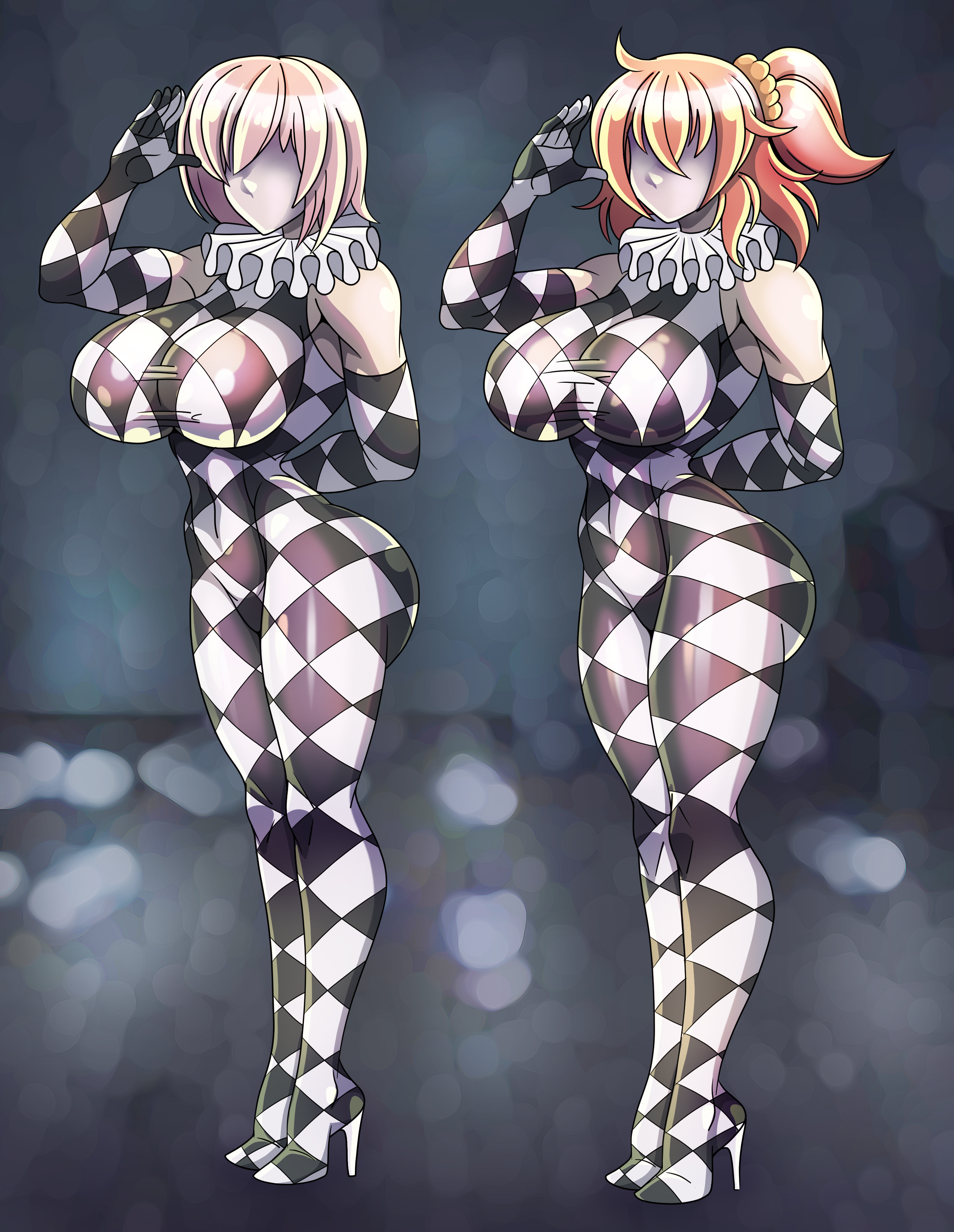ass, bodysuit, boots, breasts, clown, clown girl, clownification, drone, dronification, expressionless, faceless, fate (series), fate/grand order, female, female only, femsub, fujimaru ritsuka (female), gloves, hair covering one eye, high heels, identity death, large breasts, latex, mash kyrielight, mask, multiple females, multiple girls, multiple subs, opera gloves, orange hair, pink hair, ponytail, saluting, short hair, standing, standing at attention, zorro-zero