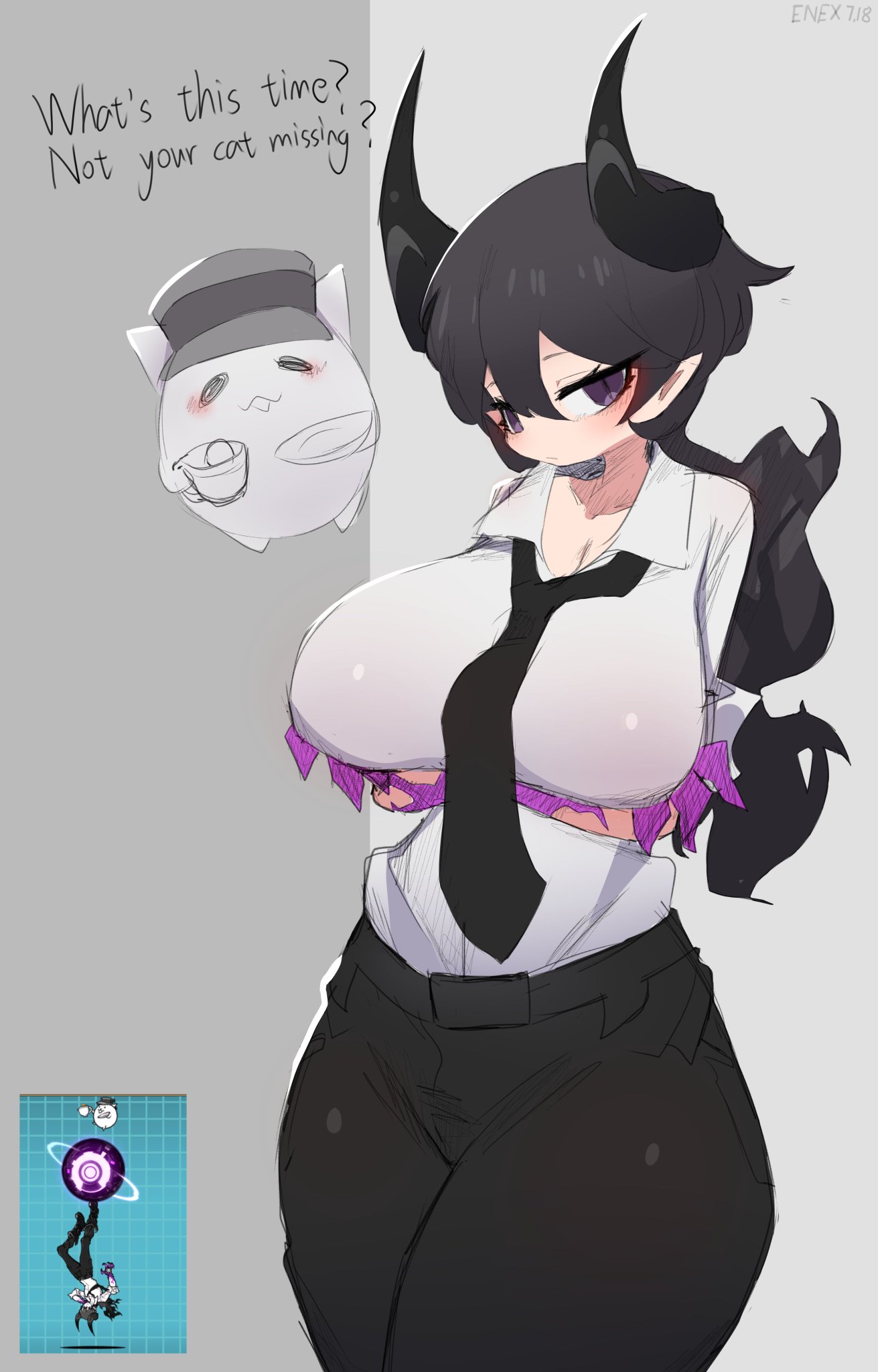 ?, 2d, 2d (artwork), artist name, black jeans, breasts, color, colored, cup, dark purple eyes, detective vigler, dialogue, digital media (artwork), enexofme, english, english dialogue, english text, eyebrows, eyelashes, eyelashes visible through hair, female, female focus, genderswap (mtf), hat, horn, looking at viewer, reference image, rule 63, shaded, shirt, simple background, text, the battle cats, tie, video game, video game character, video games, white shirt
