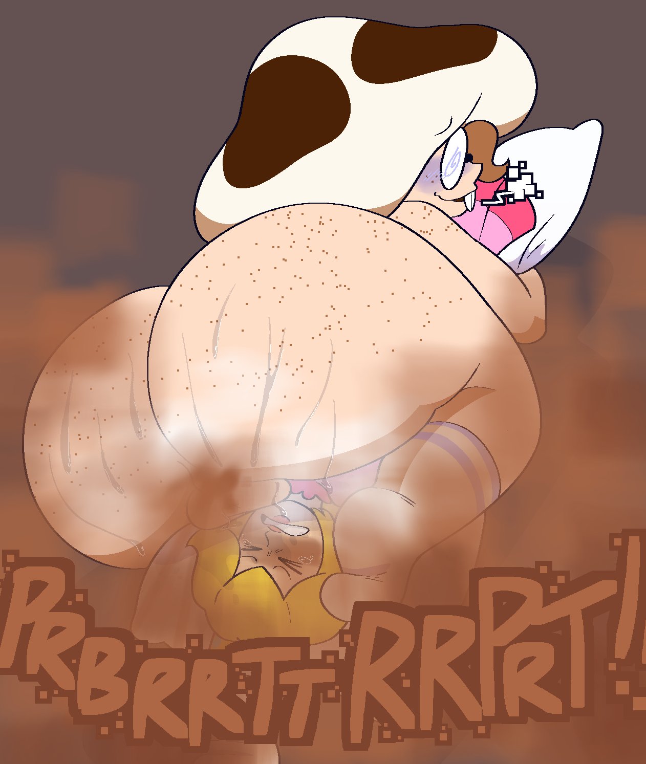 1boy1girl, 2d, ass, balls, ballsack, big ass, big butt, body pillow, brown fart, brown fart cloud, buckteeth, butt, chubby, chubby male, drooling, eyewear, fart, fart cloud, fart fetish, fart focus, farting, farting in face, farting on another, farting on female, fat ass, fat butt, female, freckles, freckles on ass, freckles on face, hat, headwear, human, laying on person, living object, male, male fart, male focus, male/female, mario (series), musk, musk clouds, musky, nerd, nerdy, object transformation, onomatopoeia, princess peach, royal, simple background, socks, socks only, swamp ass, sweat, sweatdrop, sweaty, sweaty ass, sweaty balls, sweaty butt, sweaty male, text, ti ti ling, ti-ling, toad (mario), transformation