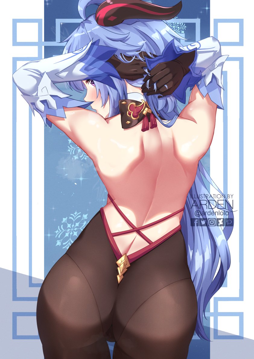 ahoge, ardenlolo, arms behind head, arms up, ass, back, backless outfit, bare shoulders, black gloves, blue hair, brown leotard, brown pantyhose, cowboy shot, detached sleeves, female, from behind, ganyu (genshin impact), genshin impact, gloves, goat horns, horns, leotard, long hair, long sleeves, looking at viewer, looking back, pantyhose, parted lips, shiny clothes, shiny skin, shoulder blades, solo, standing, very long hair