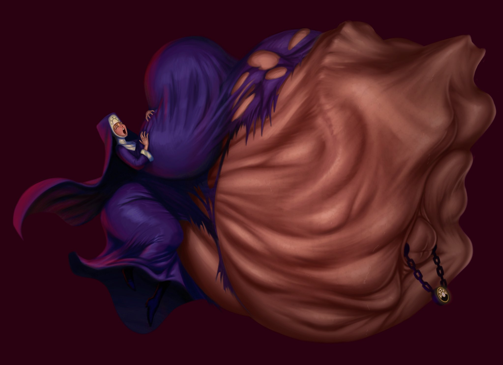 1girls, ass, ass bigger than head, big ass, big belly, big breasts, big butt, blonde hair, breasts, breasts bigger than head, bubble butt, closed eyes, clothing, curvaceous, curvy, curvy figure, double (skullgirls), female, female only, huge ass, huge belly, huge breasts, hyper ass, hyper breasts, imminent digestion, implied digestion, mostly clothed, navel piercing, nun, open mouth, piercing, red background, ripped clothing, sickvik99, skullgirls, solo, solo female, stomach deformation, struggling prey, thick thighs, unwilling prey, voluptuous, voluptuous female, vore, vore belly, wardrobe malfunction, wide hips