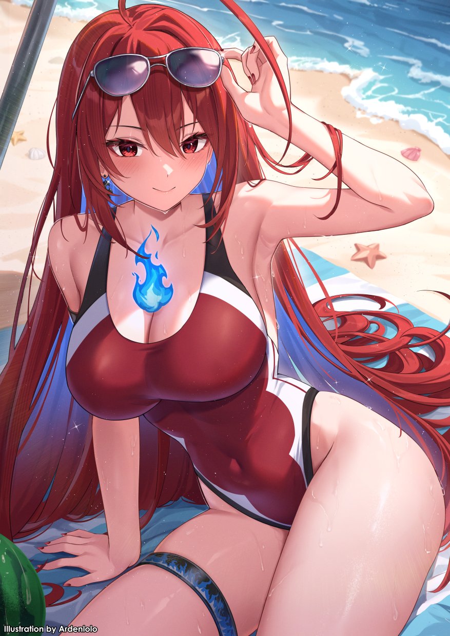 1girls, ahoge, ardenlolo, beach, blue hair, breasts, cleavage, closed mouth, collarbone, colored inner hair, covered navel, earrings, elizabeth rose bloodflame, elizabeth rose bloodflame (holonatsu paradise), eyewear on head, female, hi res, hololive, hololive english, hololive english -justice-, holonatsu paradise, huge ahoge, jewelry, large breasts, long hair, multicolored hair, one-piece swimsuit, red eyes, red hair, red nails, red one-piece swimsuit, revision, smile, solo, starfish, swimsuit, thigh strap, thighs, two-tone hair, very long hair, virtual youtuber, water