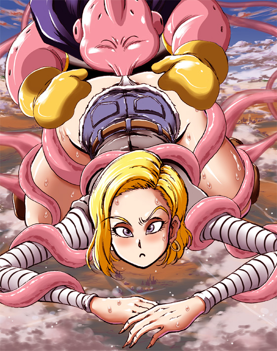 1boy 1girls android_18 ass bent_over blonde_hair blue_eyes blush cloud clouds consensual_tentacles dragon_ball dragon_ball_z fat_buu fat_man female gloves hips legs looking_at_viewer majin_buu oral panties short_hair sweat sweatdrop takimoto_dojo tentacle thighs underwear