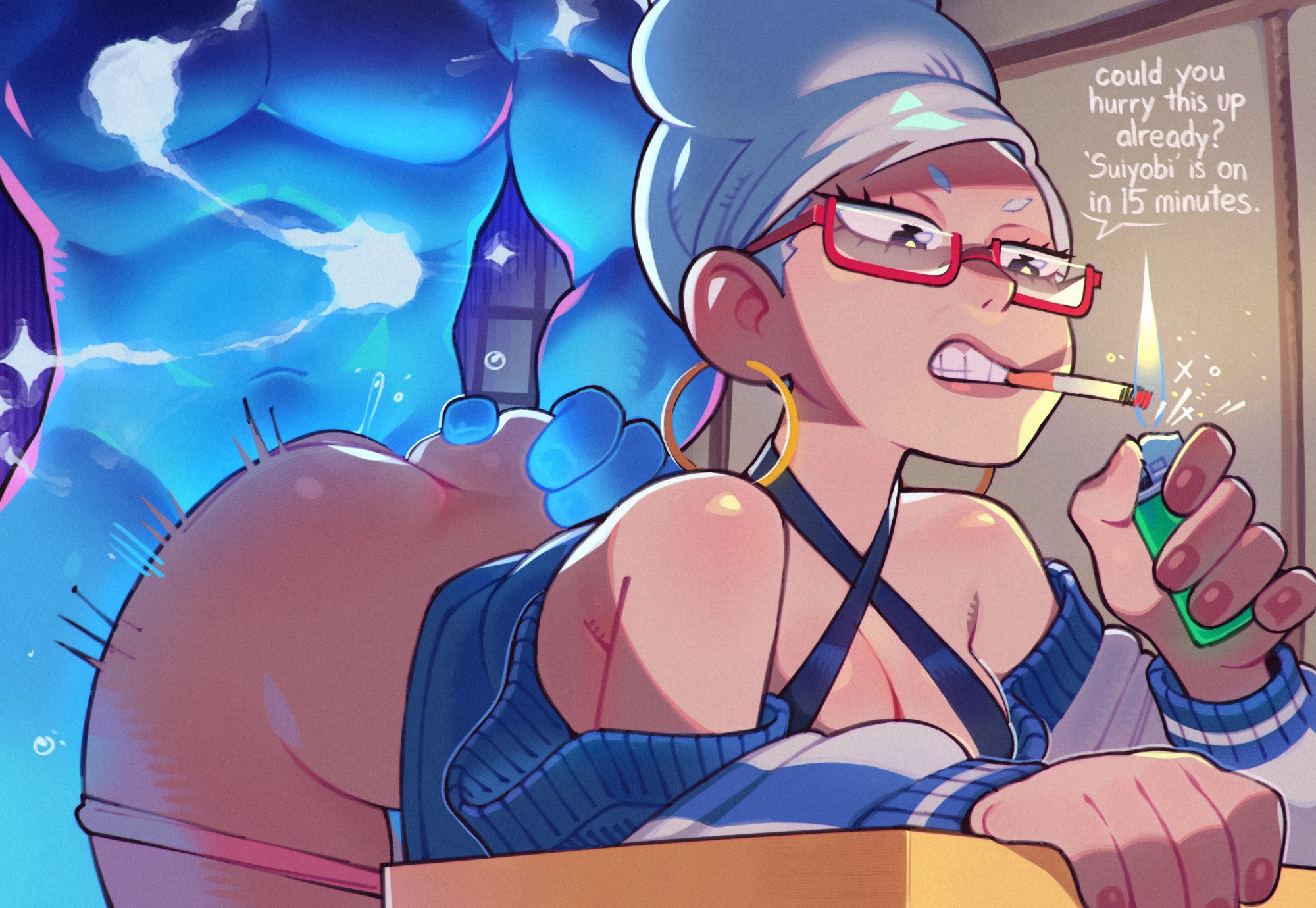 1boy, 1girls, abs, ass, ass grab, ayase seiko, backshots, bent over, big ass, big butt, breasts, cigarette, cleavage, clenched teeth, clothed female nude male, clothed sex, clothing, criss-cross halter, dandadan, dialogue, doggy style, doggystyle, earrings, english text, eyewear, female, fire, from behind, from behind position, gilf, glasses, grey hair, half rim glasses, hat, hetero, hoop earrings, jacket, jewelry, large ass, lighter, male, mature, mature female, medium breasts, milf, multitasking, muscular, muscular male, off shoulder, panties, panties around legs, panties down, panty pull, pink panties, profanity, red-framed eyewear, semi-rimless eyewear, sex, sex from behind, smoking, smoking cigarette, solo focus, speedoru, speedosausage, straight, straight sex, teeth, text, under-rim eyewear, underwear, white hair