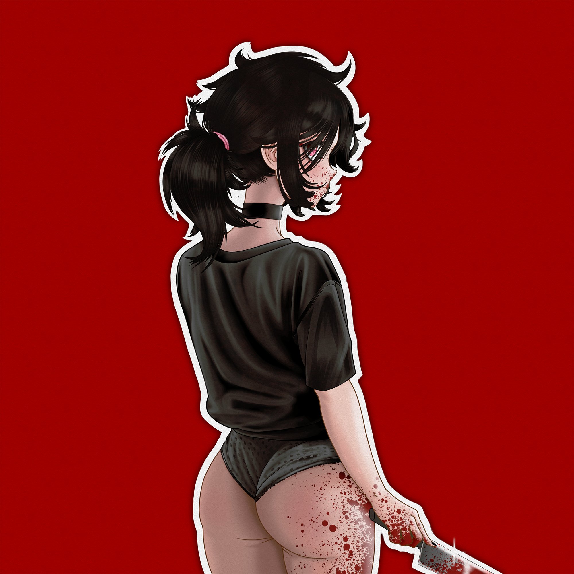 ashley graves, asscheeks, black hair, blood splatter, evilmako, female, female only, hairband, knife, panties, pink eyes, ponytail, the coffin of andy and leyley