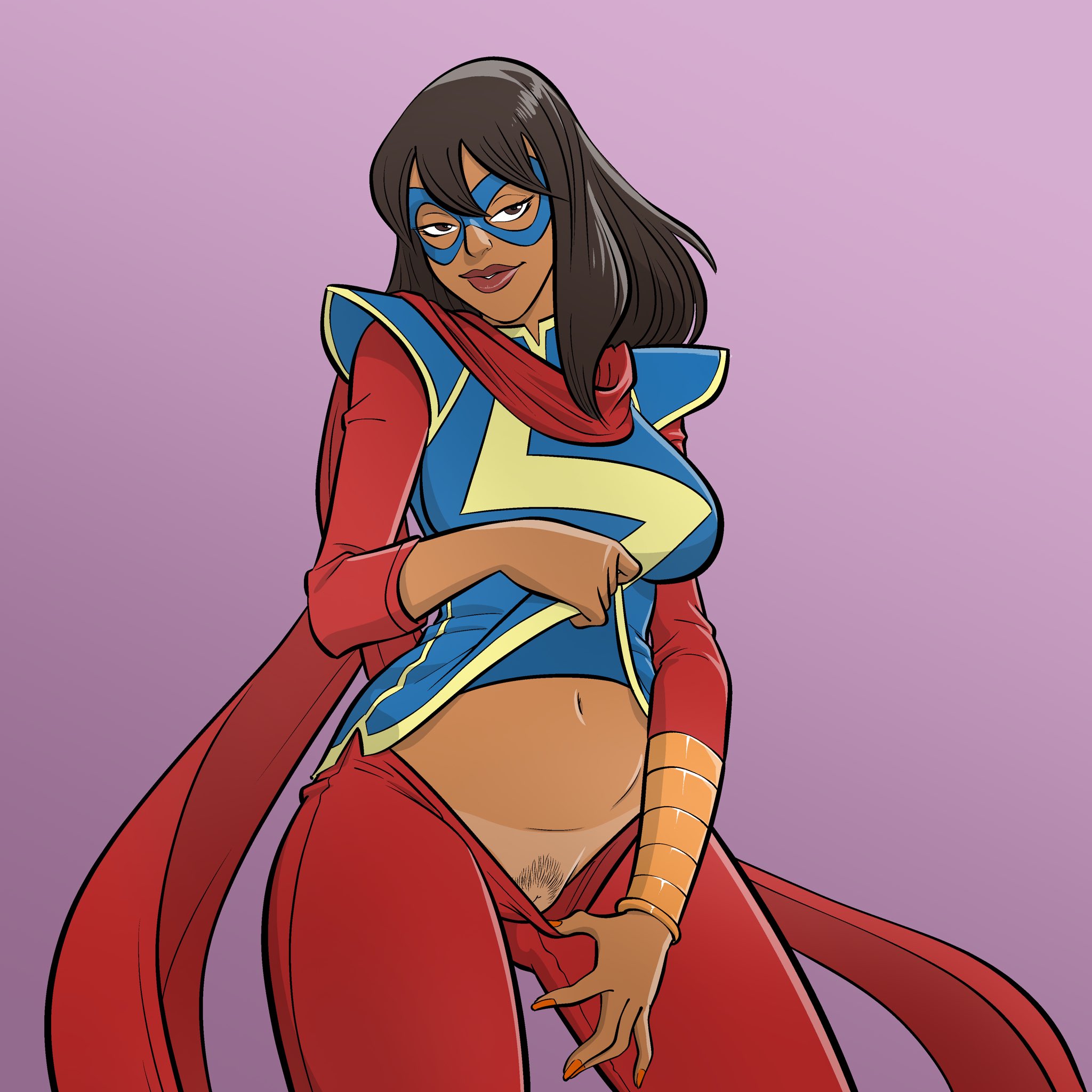 1girls, 2d, avengers, bedroom eyes, big breasts, breasts, brown body, brown skin, brown-skinned female, champions (marvel), color, curvaceous, curvy, curvy figure, dark skin, dark-skinned female, digital media (artwork), domino mask, female, female only, flashing pussy, full color, hourglass figure, kamala khan, markkleanup, marvel, marvel comics, ms. marvel, ms. marvel (kamala khan), painted nails, pubic hair, pussy, pussy peek, seductive look, solo, tanline, waist, young avengers
