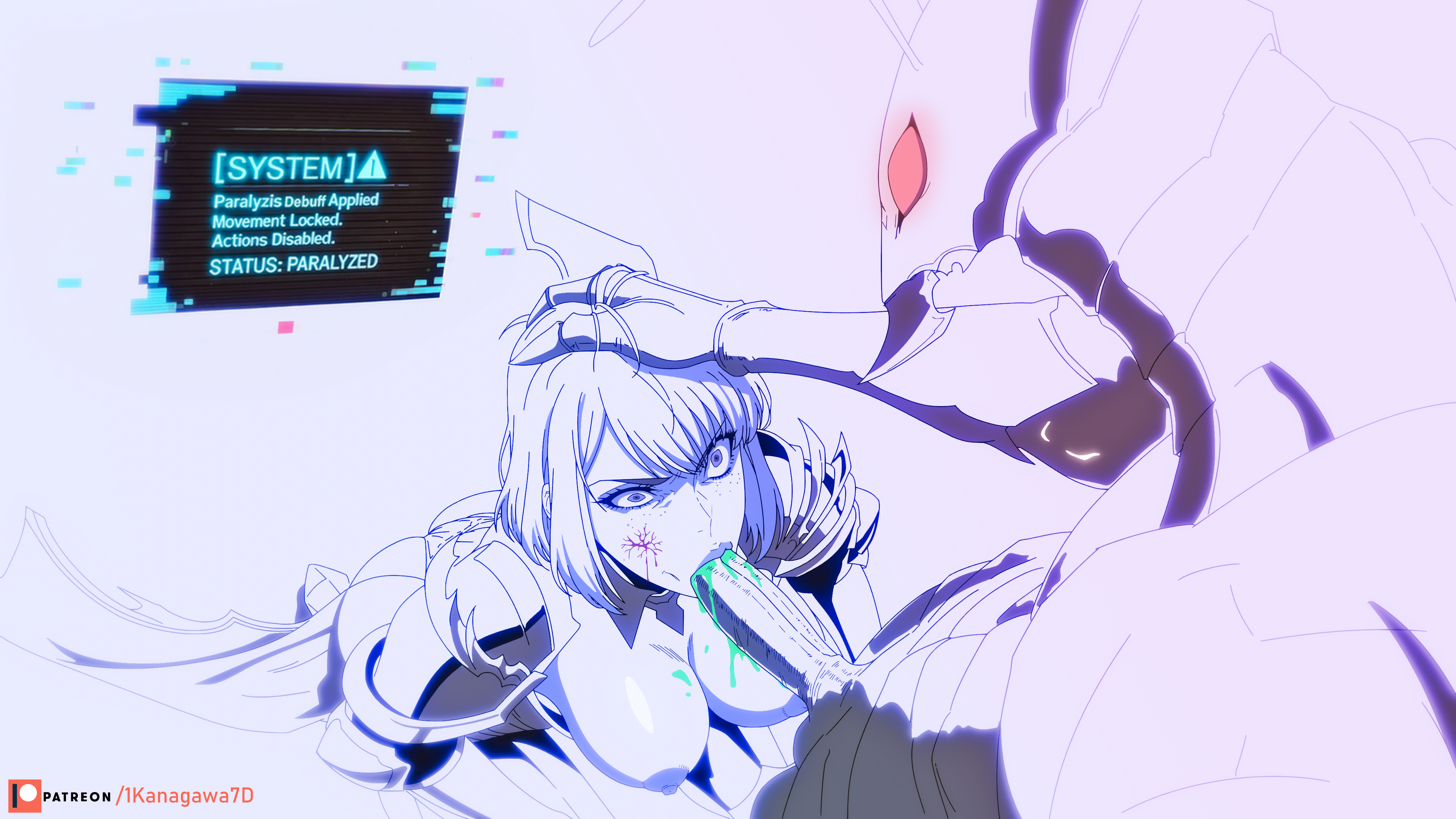 1boy1girl, ant, ass, aura, beru (solo leveling), black body, blonde hair, blowjob, cha hae in, cum in mouth, female, hair ornament, kanagawa7d, knees, line art, male, manga, monster, nipples, open mouth, panties, purple eyes, red eyes, short hair, solo leveling