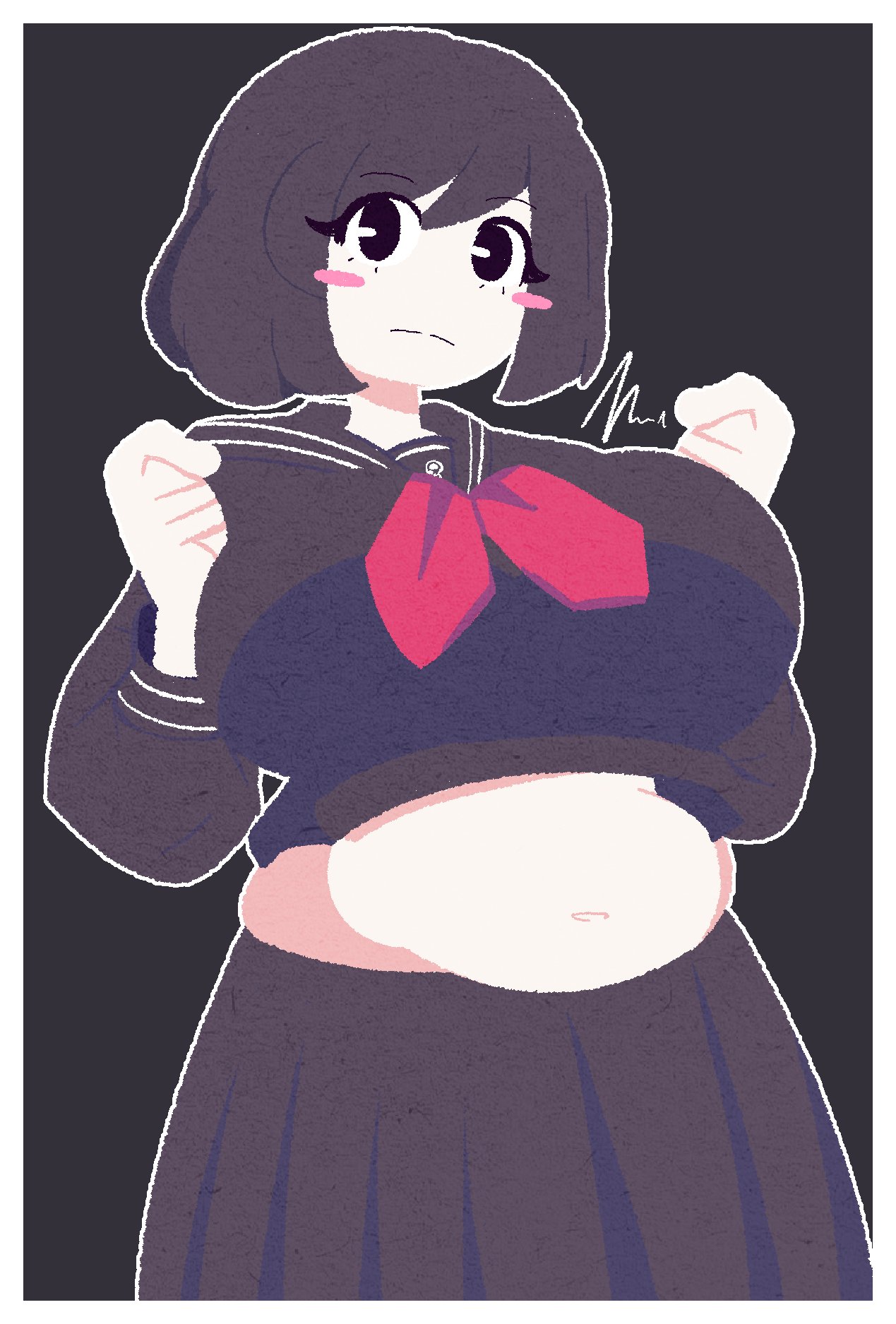 1girls, asian, black background, black eyes, black hair, black serafuku, black skirt, blush stickers, border, breasts, chubby, clenched hands, closed mouth, fat, female, hinako shimizu, human, konami, large breasts, looking at viewer, navel, outline, pale skin, pleated skirt, plump, pochipon, red neckerchief, school uniform, schoolgirl, serafuku, short hair, silent hill, silent hill f, solo, stomach, white border, white outline