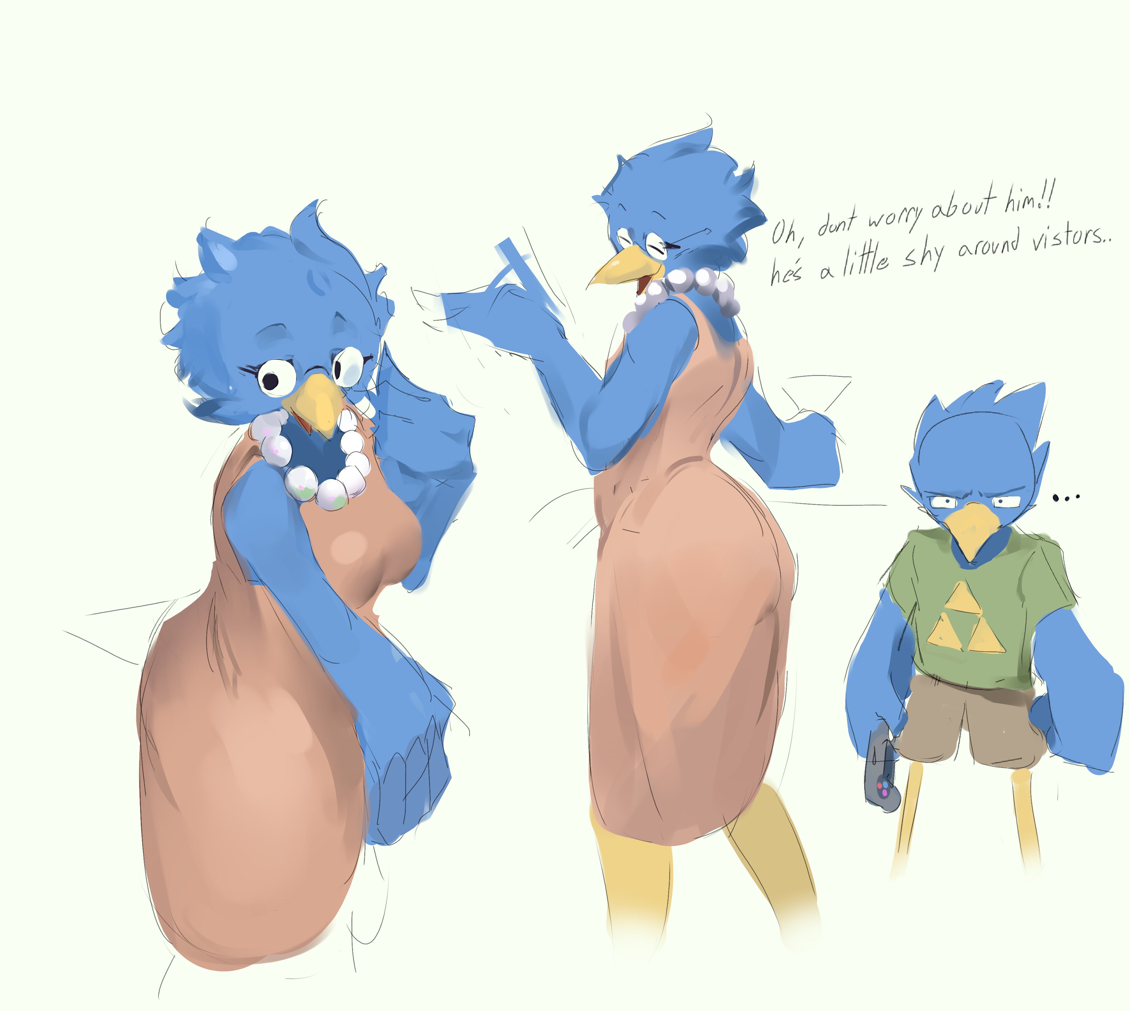 berdly, berdlys mom, big ass, big butt, bird, bird teacher(undertale), blue bird, collar, deltarune, dress, ebbedrawin, female, glasses, holding controller, holding glass, mature female, milf, older female, triforce shirt, undertale (10th anniversary stream), undertale (series), white background