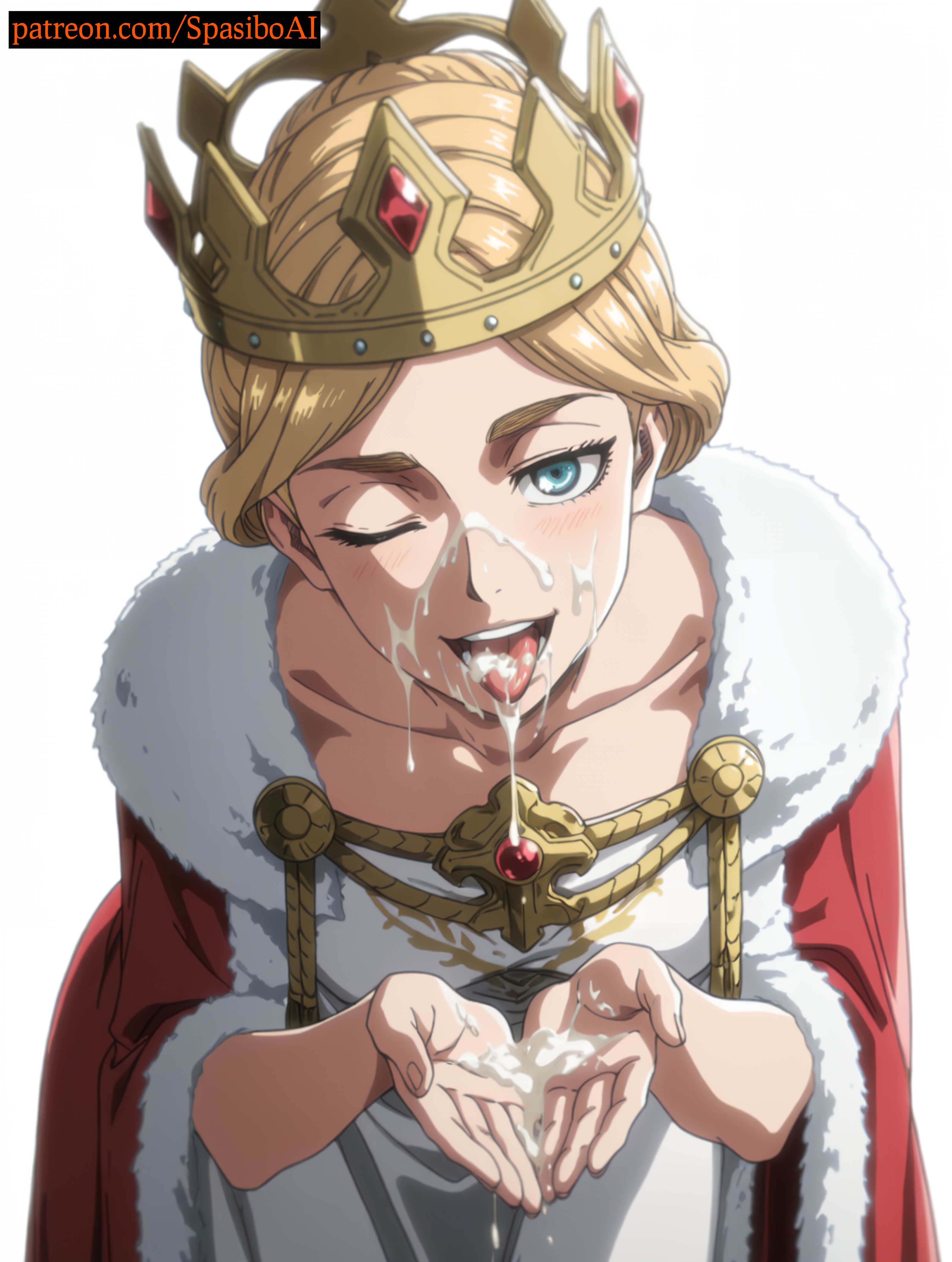 ;d, accurate art style, after fellatio, ai generated, attack on titan, bent over, blonde hair, blue eyes, blush, cape, classy, classy female, cloak, collarbone, crown, cum, cum in mouth, cum on body, cum on hands, cum on tongue, cumdrip, cupping hands, dress, facial, female, fur trim, fur-trimmed cape, hair bun, historia reiss, krista lenz, leaning forward, looking at viewer, one eye closed, open mouth, own hands together, patreon username, queen, red cape, royalty, shingeki no kyojin, short hair, simple background, single hair bun, smile, solo, spasibo15, teeth, tongue, tongue out, upper teeth only, watermark, wealthy, wealthy female, web address, white background, white dress