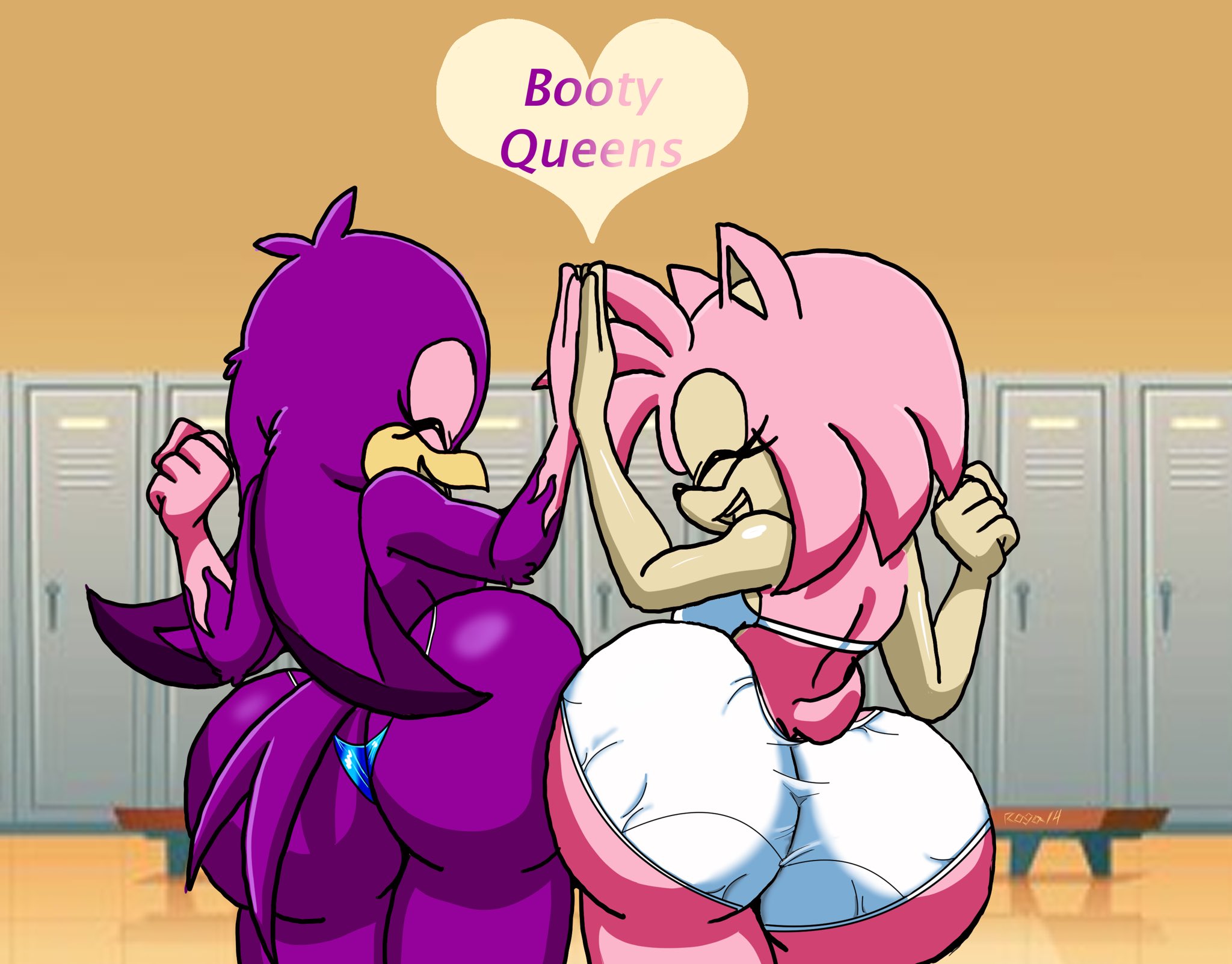 2girls, amy rose, anthro, ass, ass to ass, avian, avian humanoid, beak, big ass, big butt, bottom heavy, bra, breasts, bubble ass, bubble butt, butt bump, edit, fat ass, fat butt, feathers, female, female only, furry, gloves, hedgehog, hedgehog humanoid, high five, huge ass, huge breasts, huge butt, large ass, large butt, locker room, long hair, nude, pink body, pink quills, pink spines, purple body, purple feathers, quills, roga14, seductive, sega, shades, short hair, sonic (series), sonic riders, sonic the hedgehog (series), spines, swallow, swallow (bird), thick ass, thong, traced, underwear, wave the swallow, wide hips