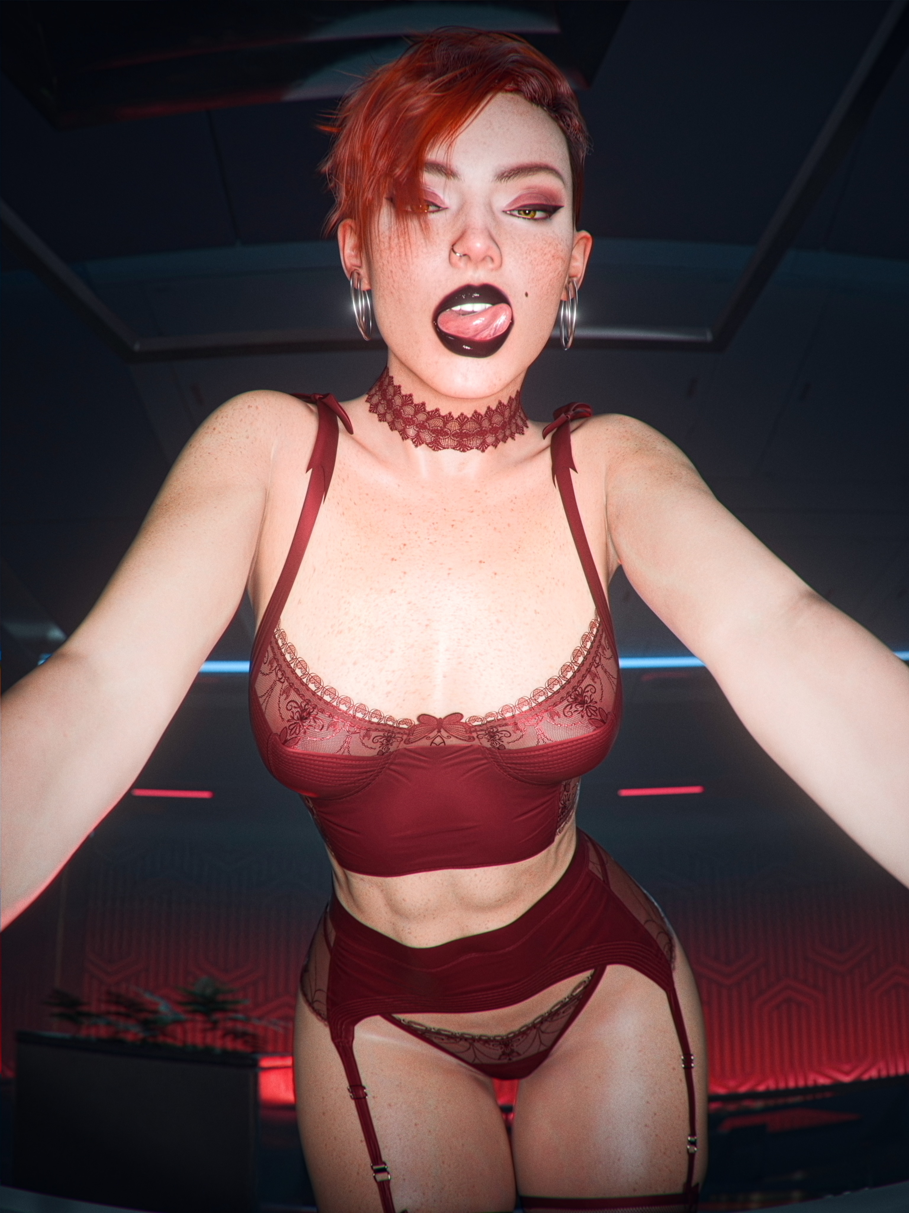3d, abs, aurore cassel, black lipstick, cd projekt red, checkpik, cyberpunk 2077, earrings, garter straps, hair covering eye, licking lips, looking at viewer, red choker, red hair, red lingerie