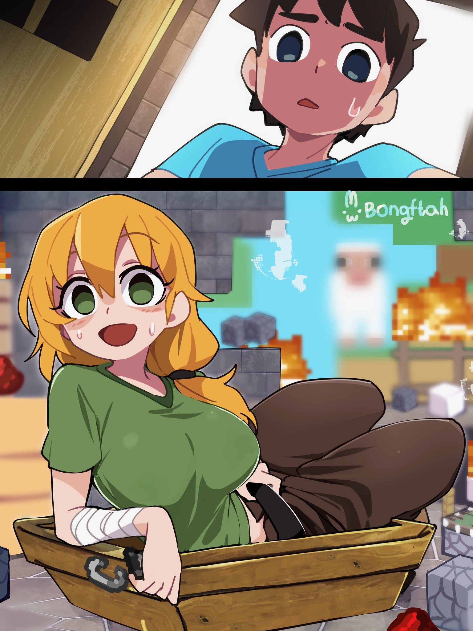 1boy, 1girls, alex (minecraft), bandage, big breasts, bongfillstudent, bongftah, breasts, female, green eyes, huge breasts, huge thighs, male, minecraft, orange hair, ponytail, steve (minecraft), thighs