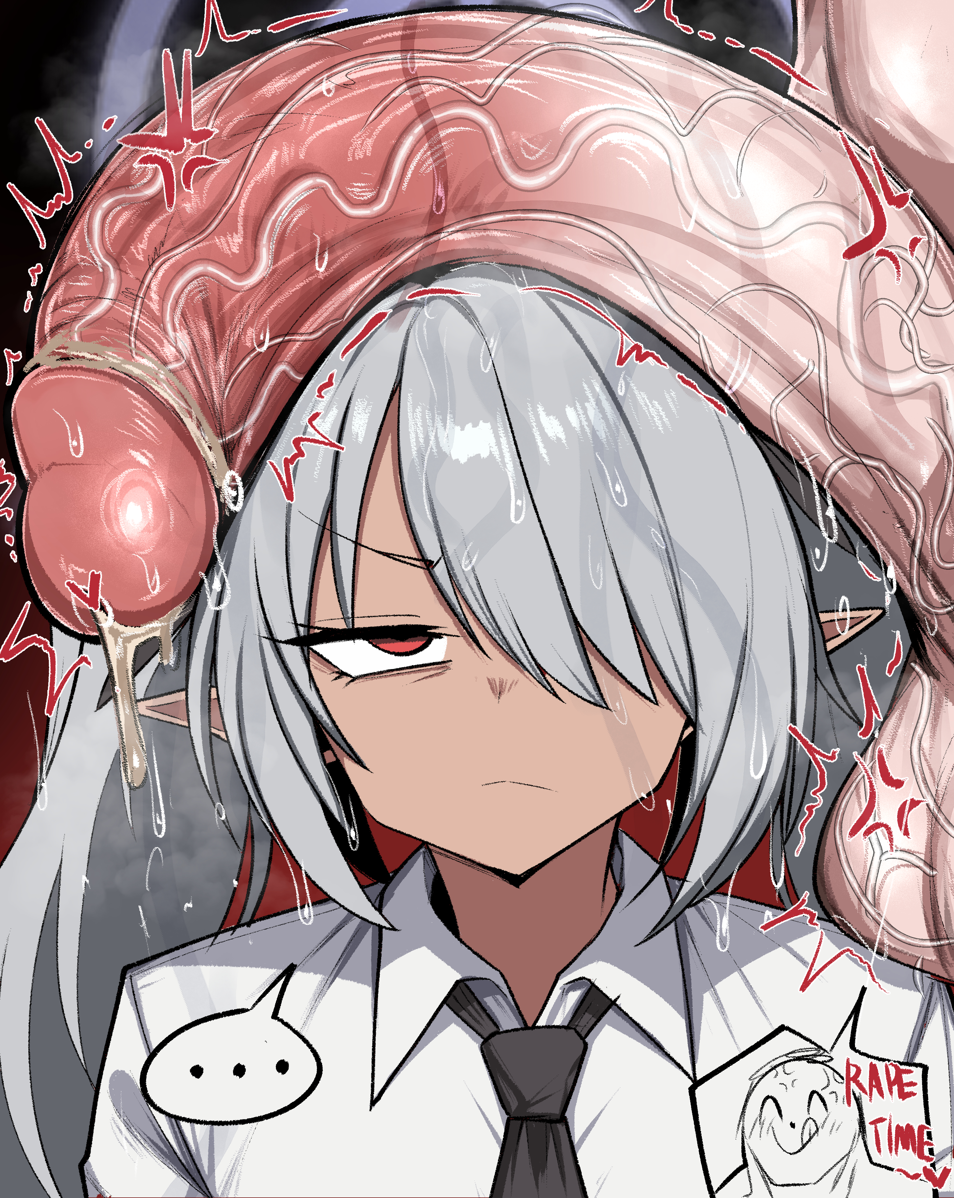 1boy, 1girls, about to pound the fuck outta em, balls, big balls, big penis, blue archive, dark skin, dark-skinned female, enormous penis, fat cock, female, geulimykun (skbyunea413), giant penis, gigantic penis, grey hair, hair over one eye, huge cock, hyper penis, iori (blue archive), large penis, long penis, looking at penis, loud balls, male, massive penis, penis, penis on head, red eyes, sensei (blue archive), thick penis, twintails, uncensored, veiny penis