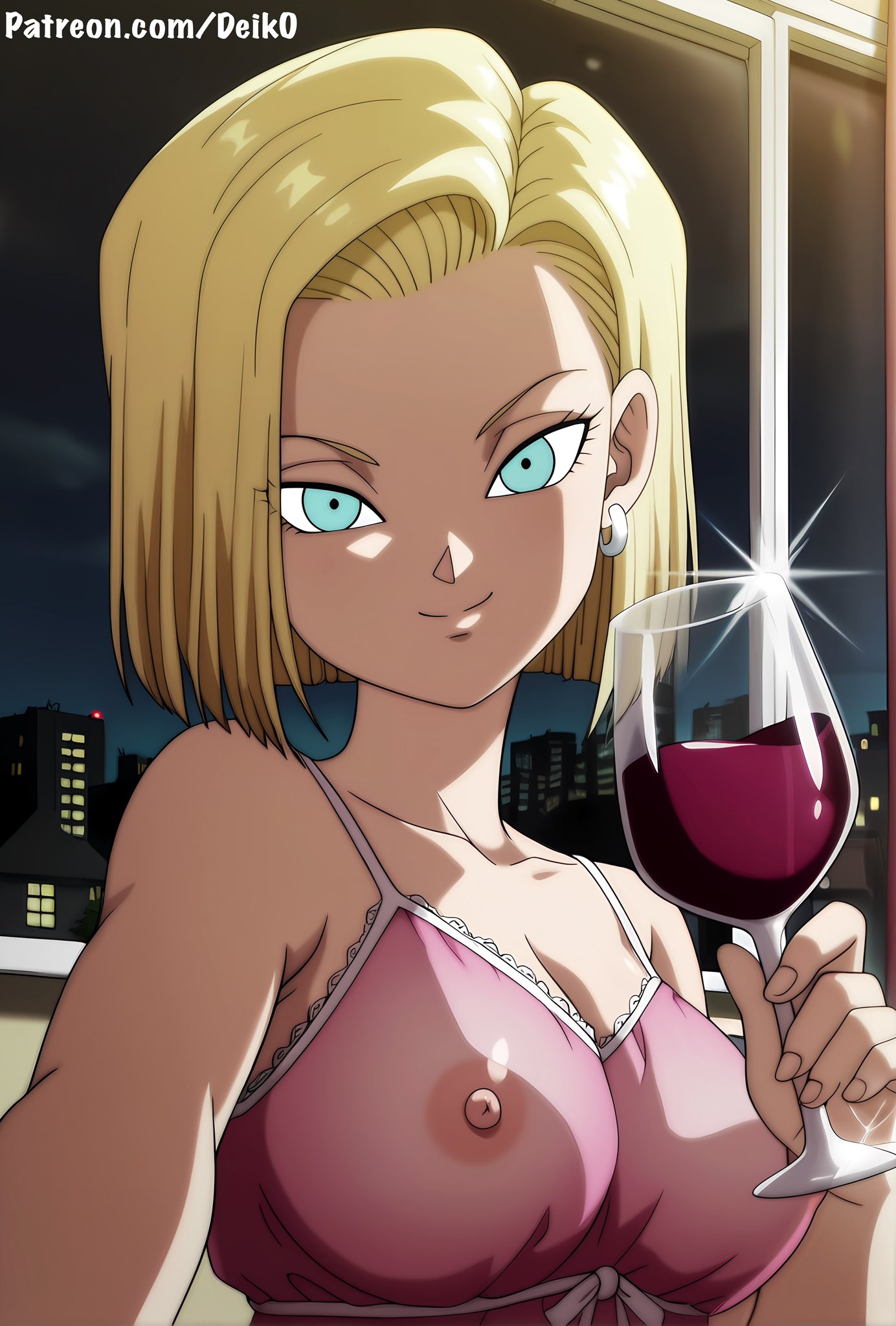 ai generated, android 18, babydoll, bedroom, blonde hair, blue eyes, breasts, closed mouth, deik0, dragon ball, dragon ball super, elegant room, female, indoors, large breasts, lingerie, looking at viewer, night, nipples, no panties, see-through, see-through clothing, short hair, smile, solo, window, wine, wine glass