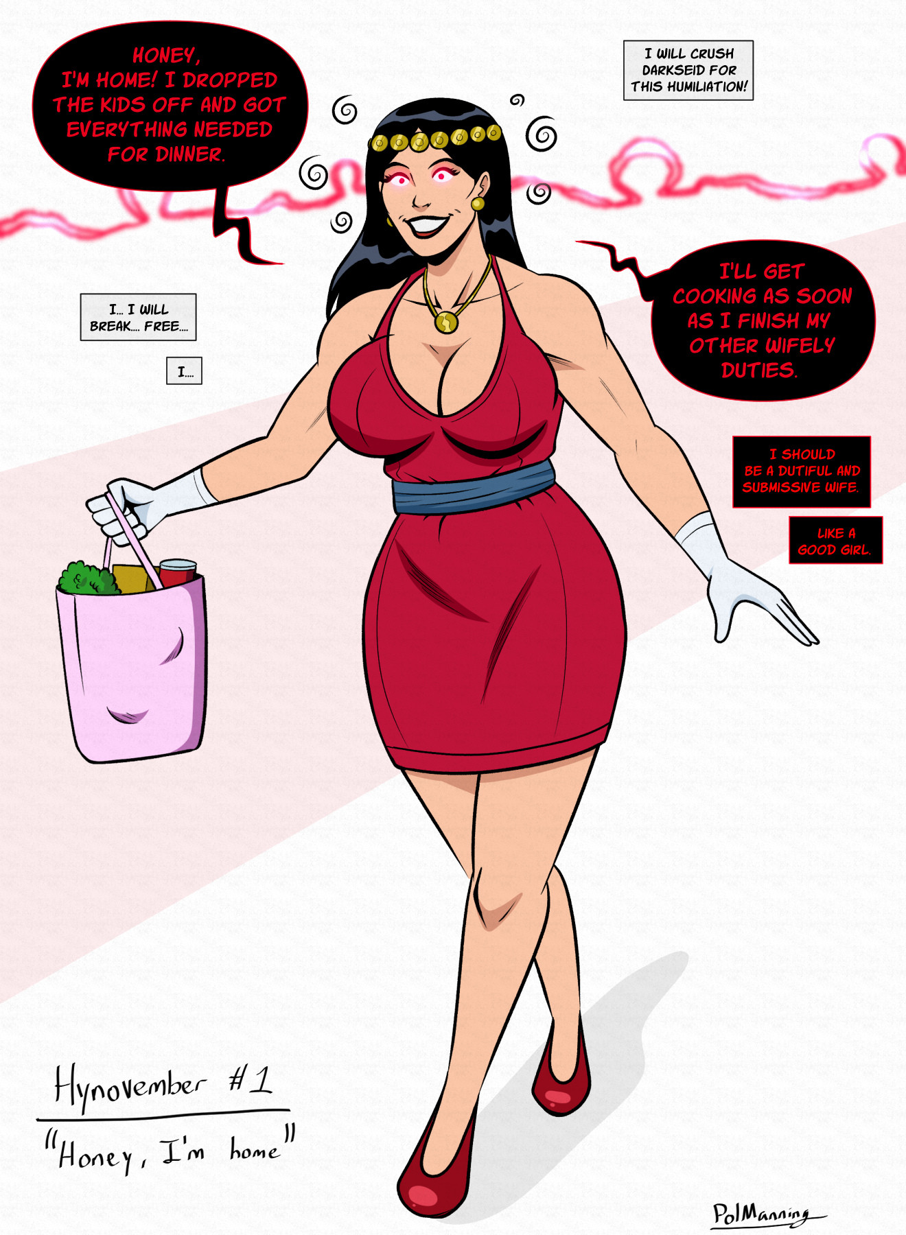 1girls, alien, alien girl, alien humanoid, artist name, big barda, black hair, breasts, cleavage, day count, dc, dc comics, dialogue, dress, earrings, english, english text, female, female only, forced smile, glowing eyes, groceries, grocery bag, heels, high heels, hips, holding, holding object, hourglass figure, hypnosis, hypnovember, large breasts, milf, milfification, mind control, necklace, polmanning, red hair, red lipstick, smile, smiling, solo, solo female, speech bubble, spiral, stepfordization, text