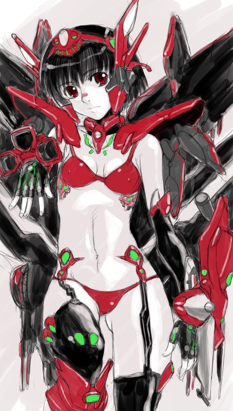 armor bikini bikini_armor black_hair female guardic_gaiden highres mecha_musume red_eyes shinama sketch swimsuit system_d.p. the_guardian_legend