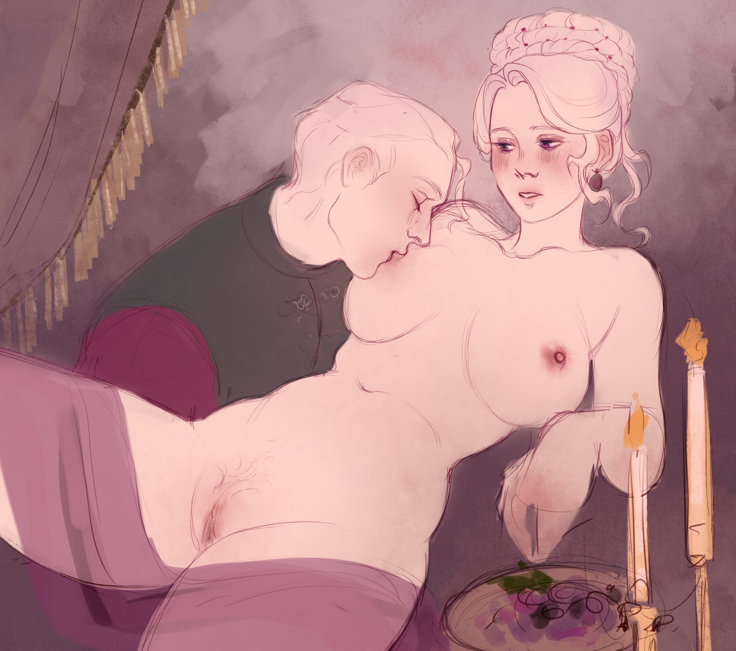 1boy, 1girls, a song of ice and fire, big breasts, breast sucking, breasts, candle, canon couple, closed eyes, clothed male, curtains, daemon targaryen, earrings, female, game of thrones, hair, house of the dragon, incest, laying down, looking at viewer, male, married couple, msezrwiz, nipple suck, nude, nude female, parted lips, plate, pubic hair, purple eyes, pussy, rhaenyra targaryen, silver hair, spread legs, uncle and niece, valyrian