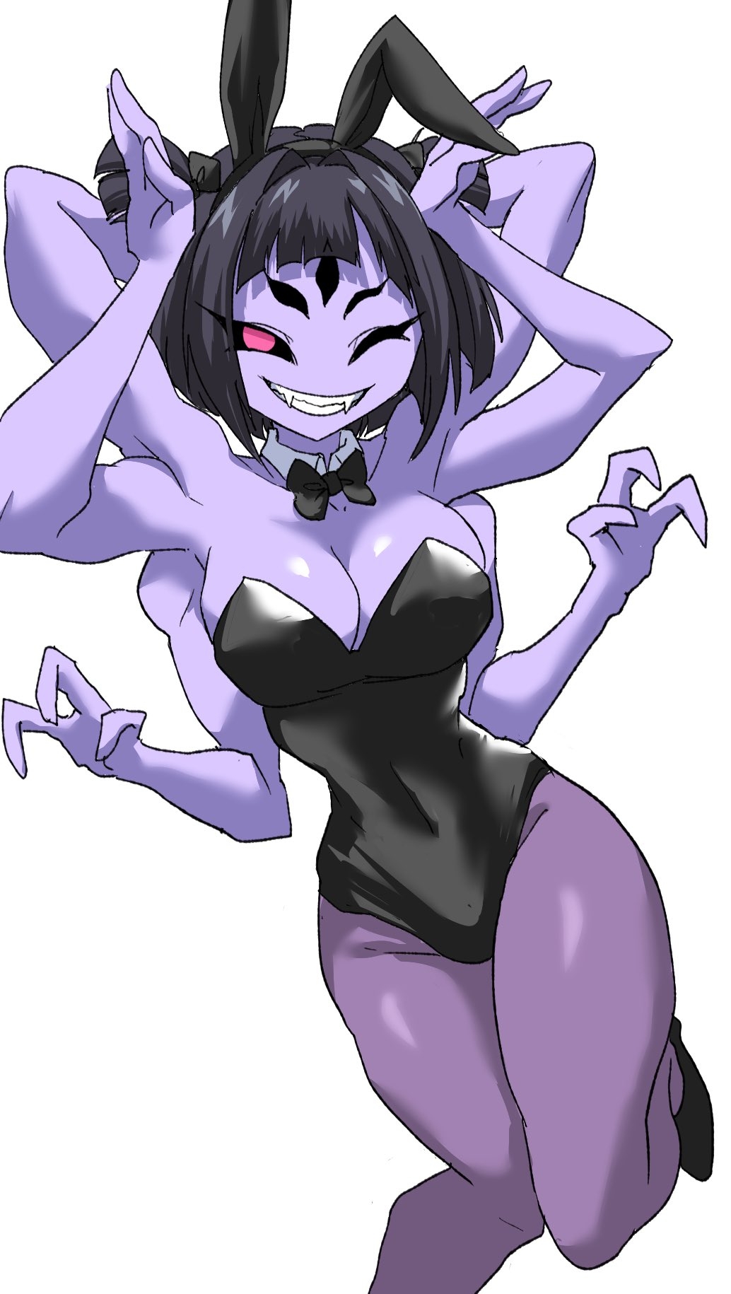 5 eyes, big breasts, breasts, bunny ears, bunnysuit, clothed, fangs, female, high heels, ilo a5, looking at viewer, monster girl, muffet, pose, posing, simple background, smile, smiling, smiling at viewer, solo, solo female, spider girl, thick thighs, thighhighs, undertale, undertale (series), wink, winking at viewer